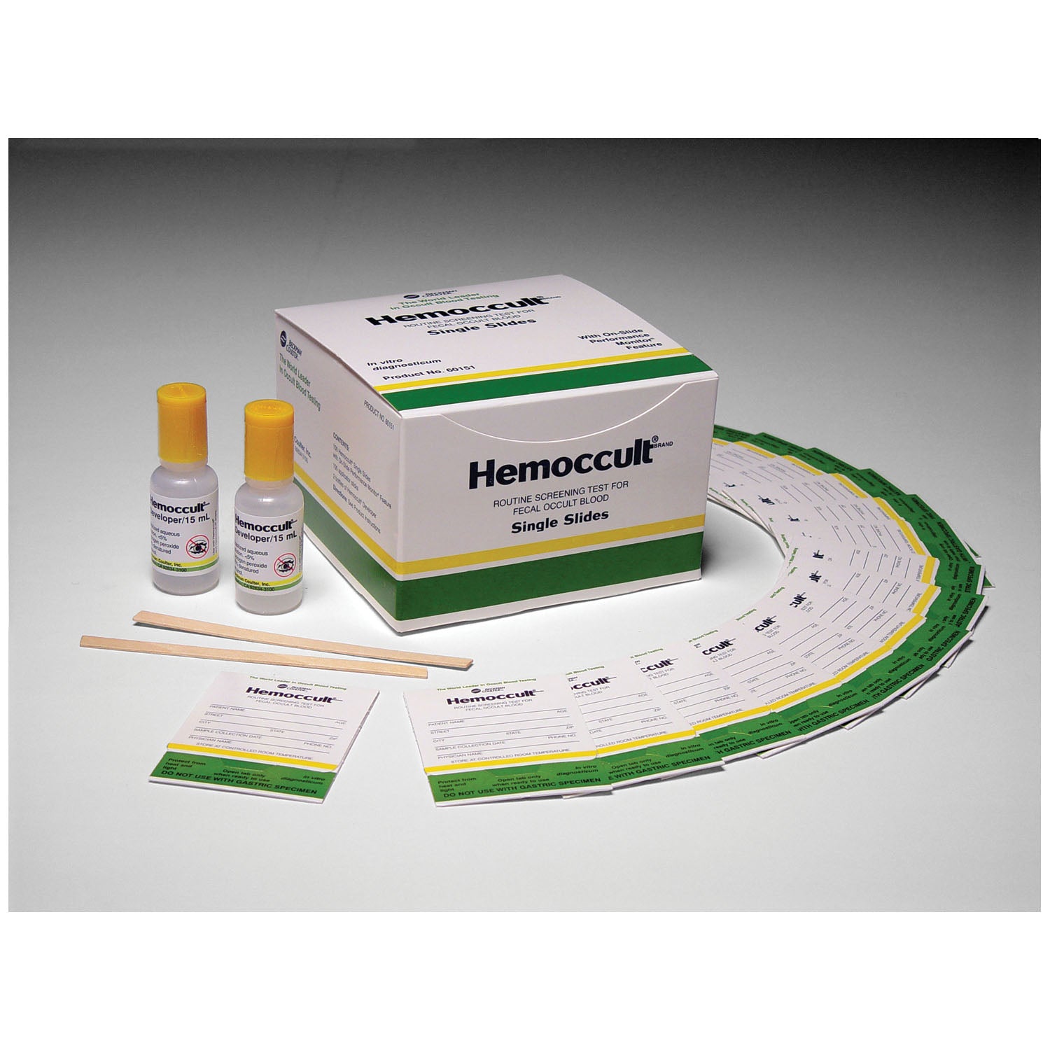 60151A - HemoCue America - 每盒內含:(100) 張 Hemoccult® 單張玻片(測試卡),(2) 瓶 15 毫升顯影液,(100) 個塗抹器及說明書,10 盒/箱(至少有效期為 90 天)(此塗抹器及說明書,10 盒/箱(至少有效期為 90 天)(此商品及加拿大不可退貨)(此商品及加拿大危險產品