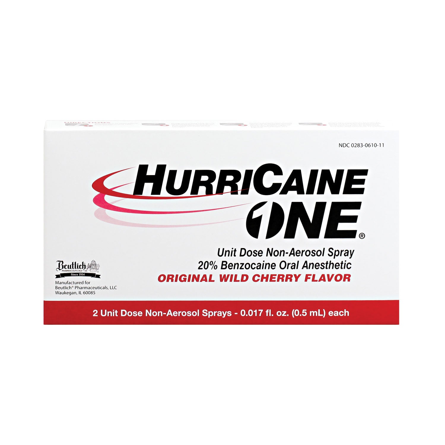 0283-0610-11 - Beutlich LP Pharmaceuticals - HurriCaine ONE®,單劑量非氣霧劑噴霧,原味野櫻桃味,0.5毫升,2瓶/盒(僅限美國),盒