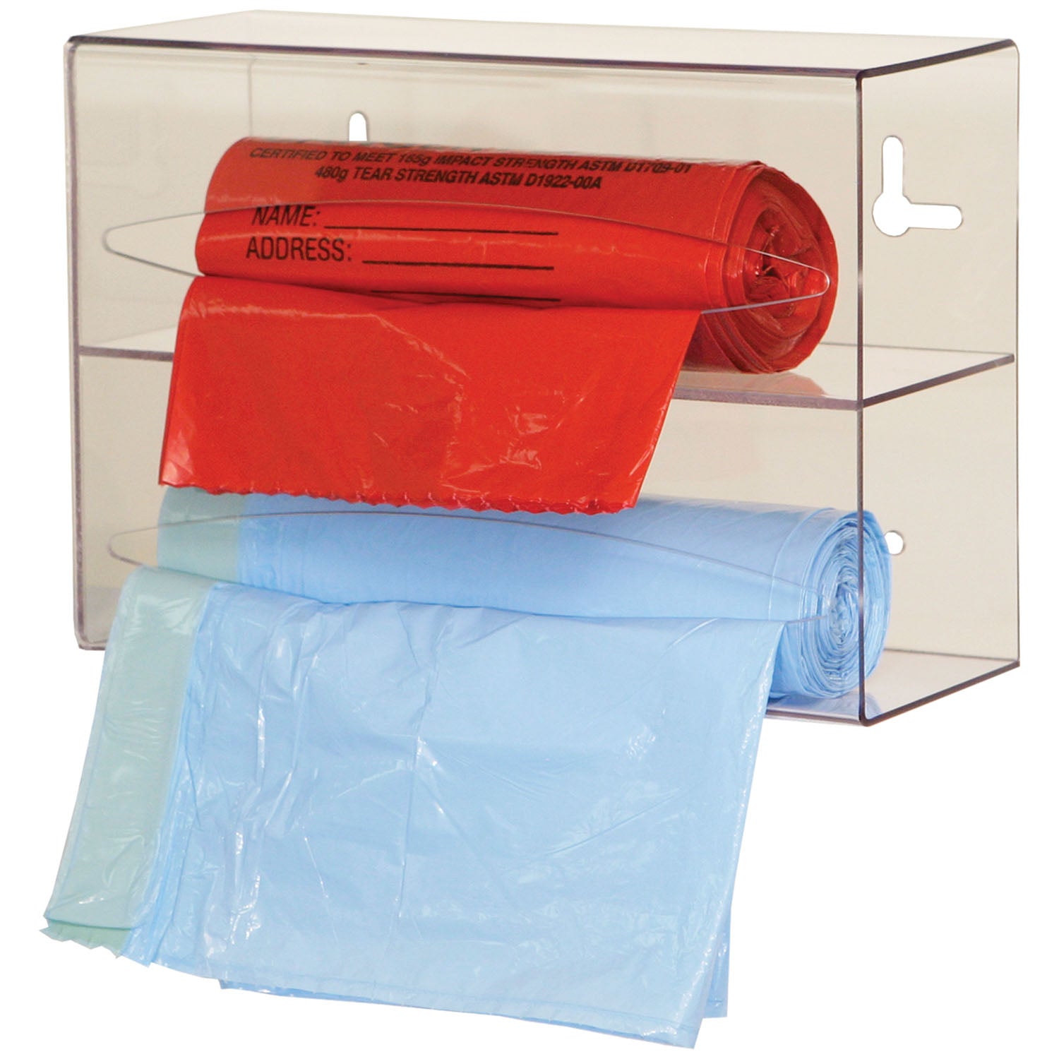 BG002-0111 - MarketLab, Inc. - Bag Dispenser, Double, Holds Two Rolls of Bags up to 9" Long, Two-Way Keyholes For Vertical Or Horizontal Wall Mounting, Clear PETG Plastic, 10 1/8"W x 7 1/8"H x 3 15/16"D (Made in USA) , ea