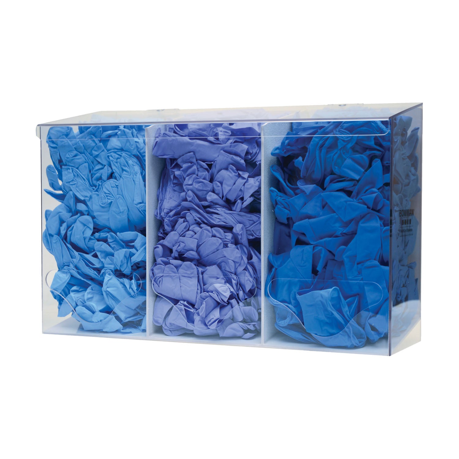 BP-023 - MarketLab, Inc. - Bulk Dispenser, Triple Bin, Holds a Variety of Protective Apparel in Bulk, Triple Compartments with Hinged Lid, Openings at Front Bottom, Keyholes For Wall Mounting, Clear PETG Plastic, 17½"W x 11 3/16"H x 6 1/16"D , ea