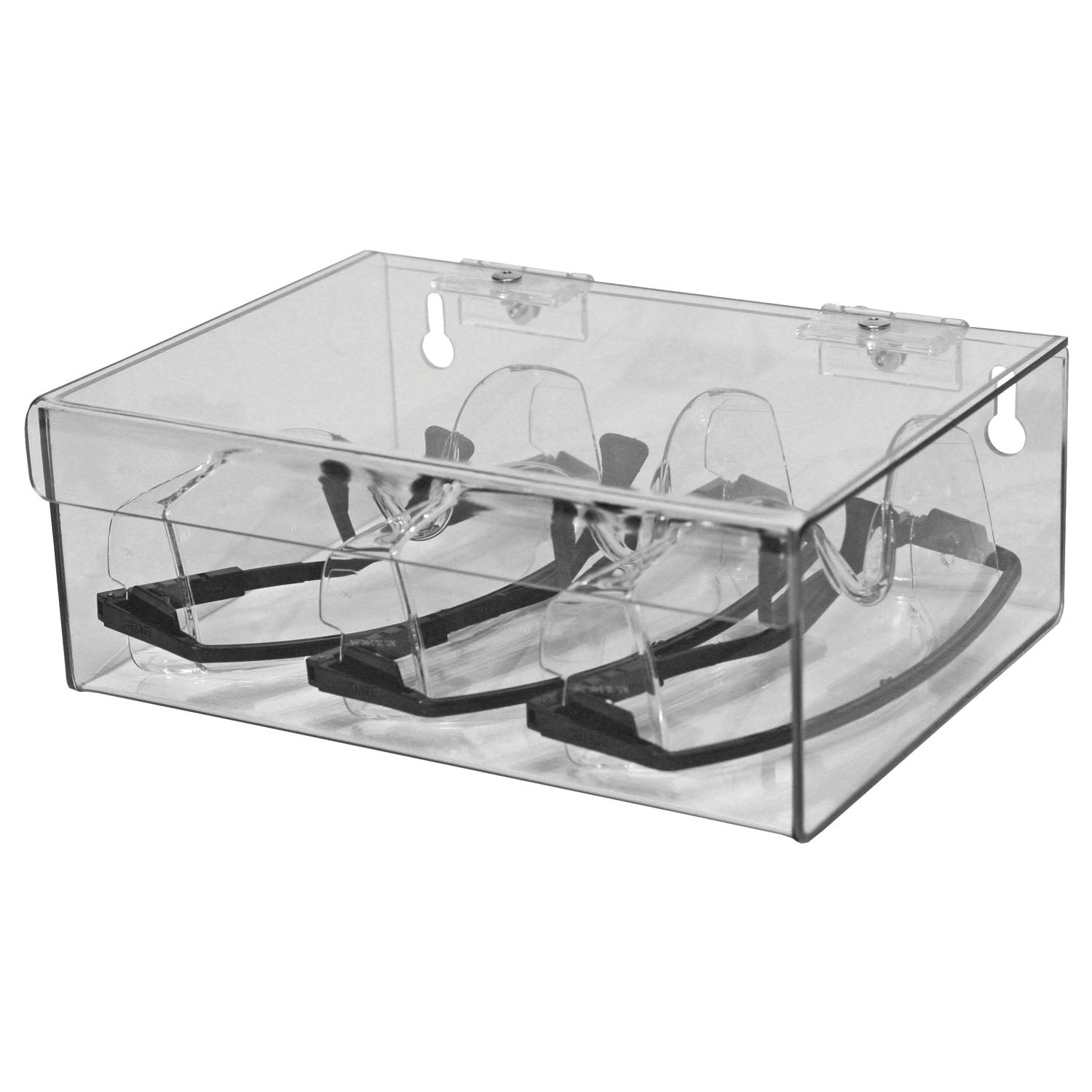 CP-072 - MarketLab, Inc. - Eyewear Dispenser, Hinged Lid Top, Holds up to 6 pr of Safety Glasses, Keyholes For Wall Mounting, Clear PETG Plastic, 9¼"W x 3 7/16"H x 6 15/16"D (Made in USA) , ea