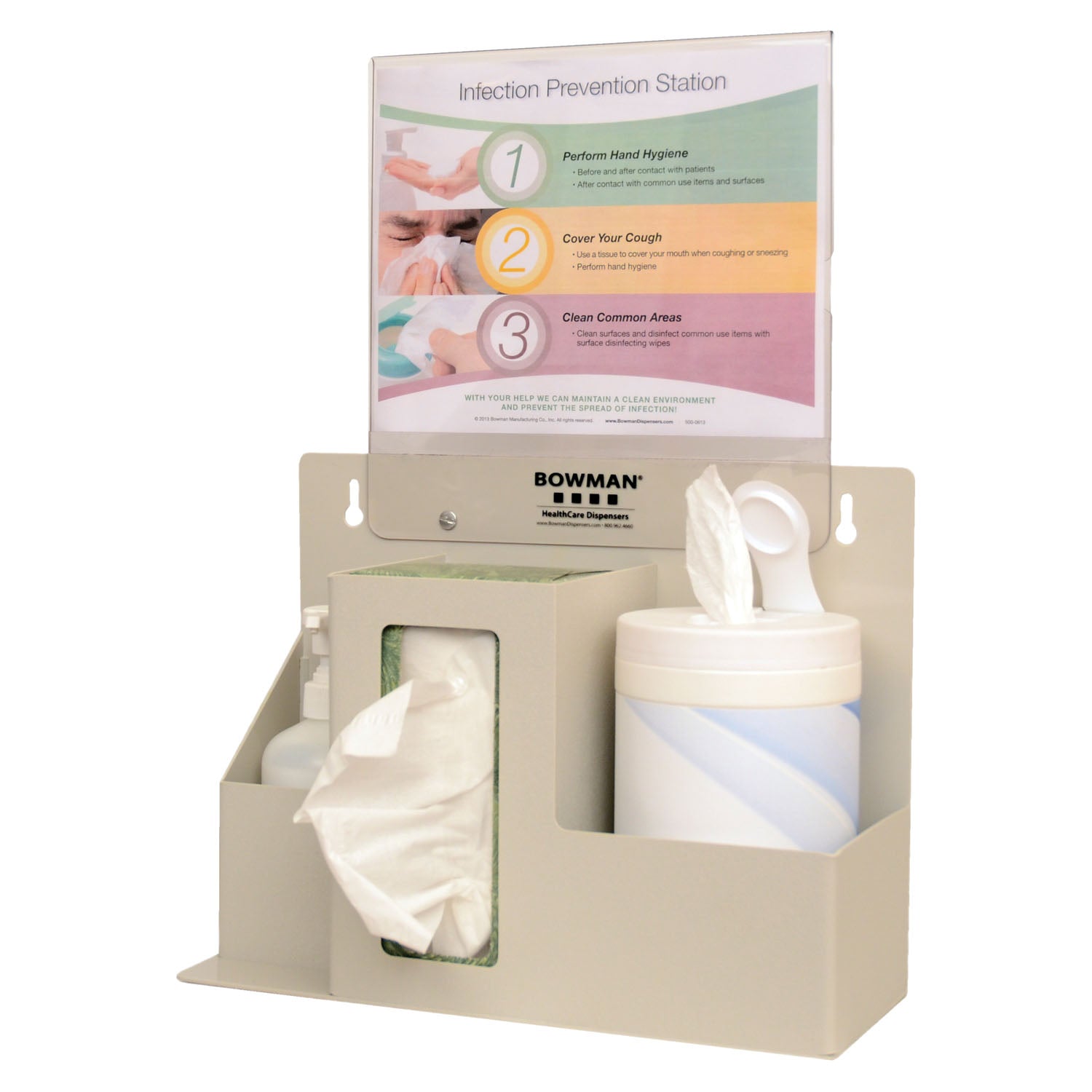 ED-097 - MarketLab, Inc. - Infection Prevention Organizer, Holds (1-2) Boxes of Tissue or (1) Box of Gloves, (1) Hand Sanitizer Bottle & a Variety of Sizes of Wet Wipe Canisters, 11"W x 8½"H Sign Holder (MP-075) Included, Optional Floor Stands (KS010-041