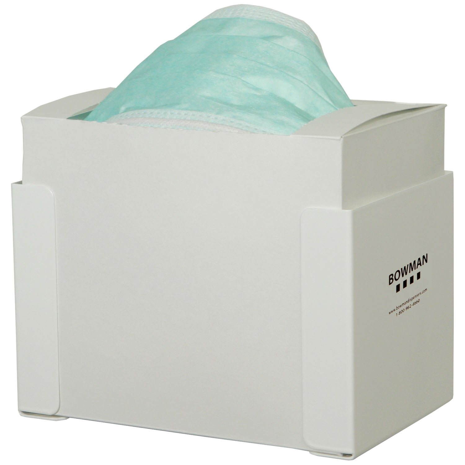 FB-021 - MarketLab, Inc. - Face Mask Dispenser, Surgical Tie Style, Holds One Box of Tie Style Face Masks, Two Sets of Keyholes For Dual Position Wall Mounting, White Powder Coated Metal, 7 7/16"W x 4¾"H x 4 13/16"D (Made in USA) , ea