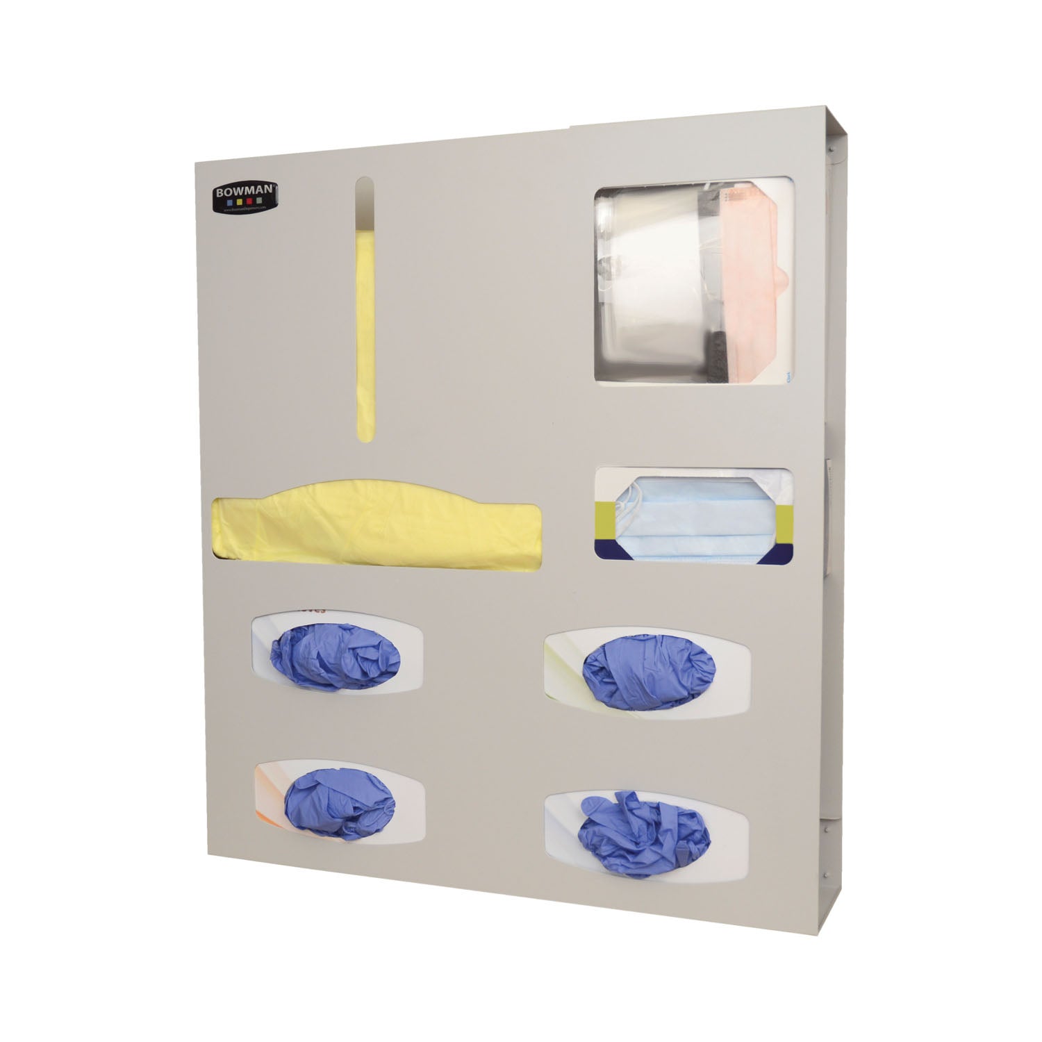 PS012-0512 - MarketLab, Inc. - Protection Organizer, All Aluminum, Quad Glove, Holds a Variety of Gowns, Four Boxes of Gloves, One Box of Face Masks & (1) Box of Face Shields, Keyholes For Wall Mounting, Quartz Powder Coated Aluminum, 22¾"W x 25 5/8"H x