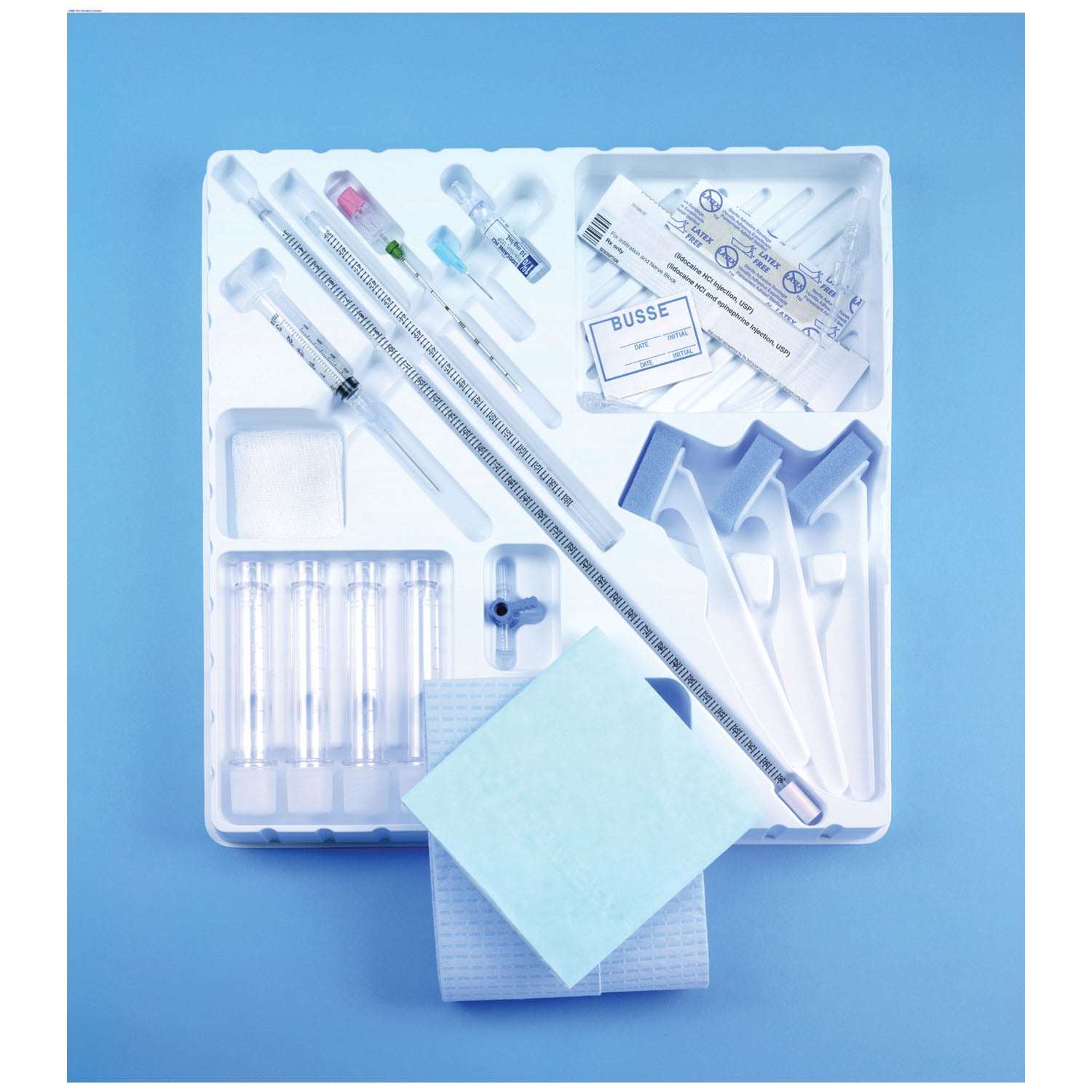 648 - Busse Hospital Disposables, Inc. - Adult Tray, Sterile, Includes: Spinal Needle With Stylet, 20G x 3½", 5" Extension Tube, 3-Way Stopcock, Two Piece 550mm Manometer, 22G x 1½" Infiltration Needle, 4-10mL Specimen Vials & 4 Patient ID Labels, 10/cs