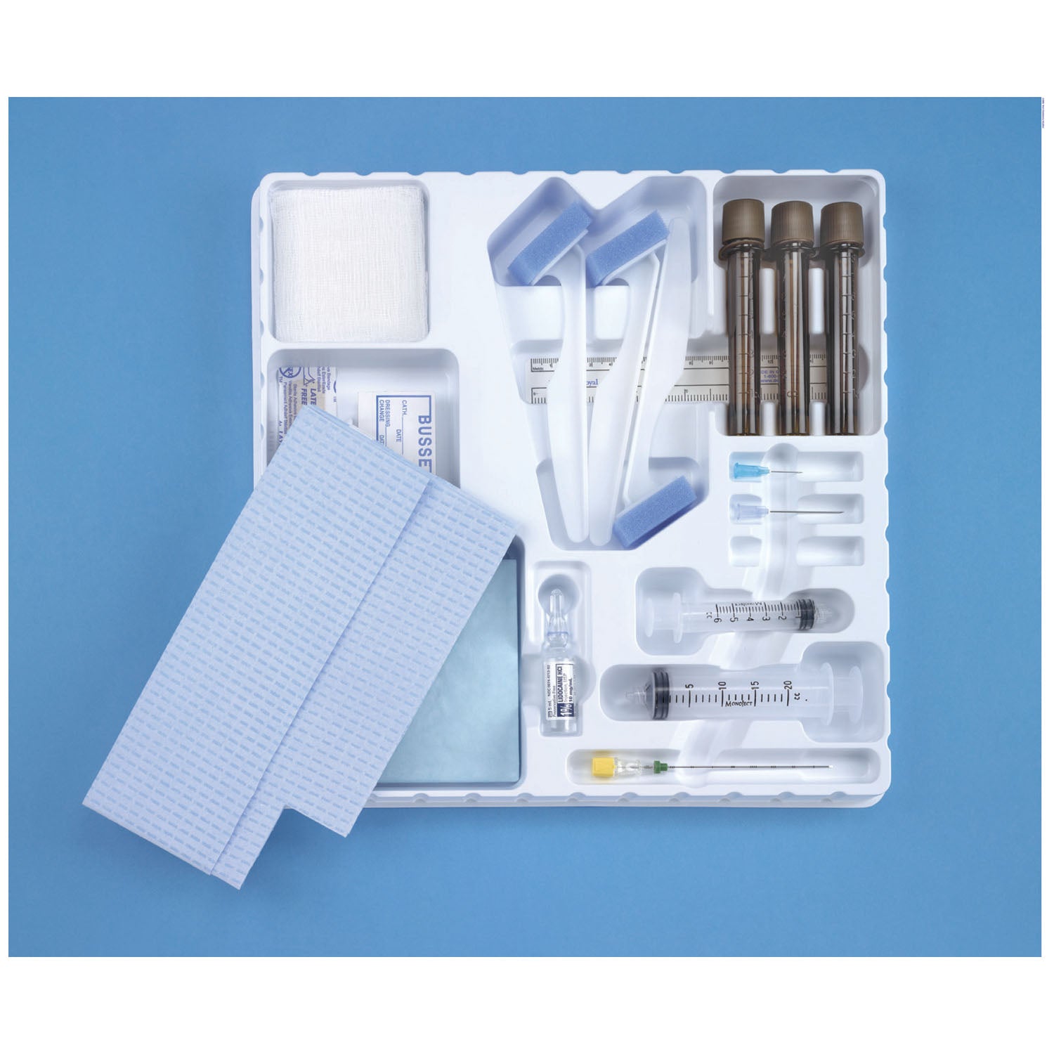 650 - Busse Hospital Disposables, Inc. - Tray, Sterile, Includes 20G x 3½" Spinal Needle, 6cc & 20cc Luer Lock Syringe, 25G x 5/8" & 22G x 1.5" Needles, 5mL Lidocaine, 3-10mL Specimen Vials, 3 Sponge Sticks, 1-6" Ruler, 3 Gauze Pads, Towel, Drape, Bandag