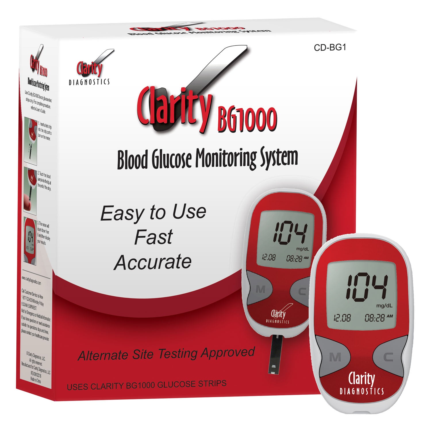 CD-BG1 - Clarity Diagnostics, LLC - Clarity BG1000 血糖儀組(僅限血糖儀),1盒/盒(僅適用於 Clarity 血糖試紙 - 需透過 Clarity Diagnostics 購買與該血糖儀配套的試紙和品控品),盒裝