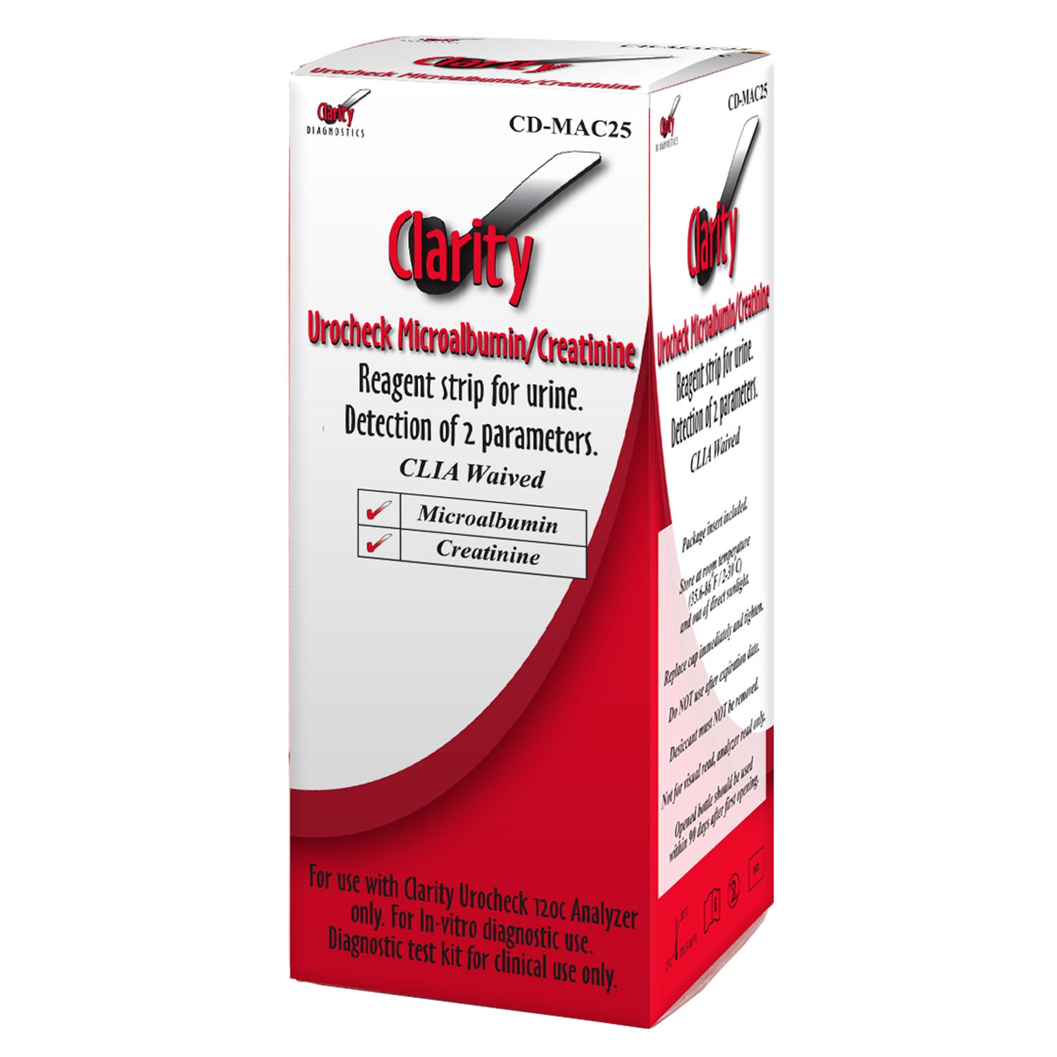 CD-MAC25 - Clarity Diagnostics, LLC - Clarity Urocheck 微量白蛋白/肌酸酐尿液試紙,CLIA豁免認證,僅適用於 Clarity Urocheck 120C 尿液分析儀,1 份產品說明書,25 條/盒(加拿大地區不銷售),盒裝