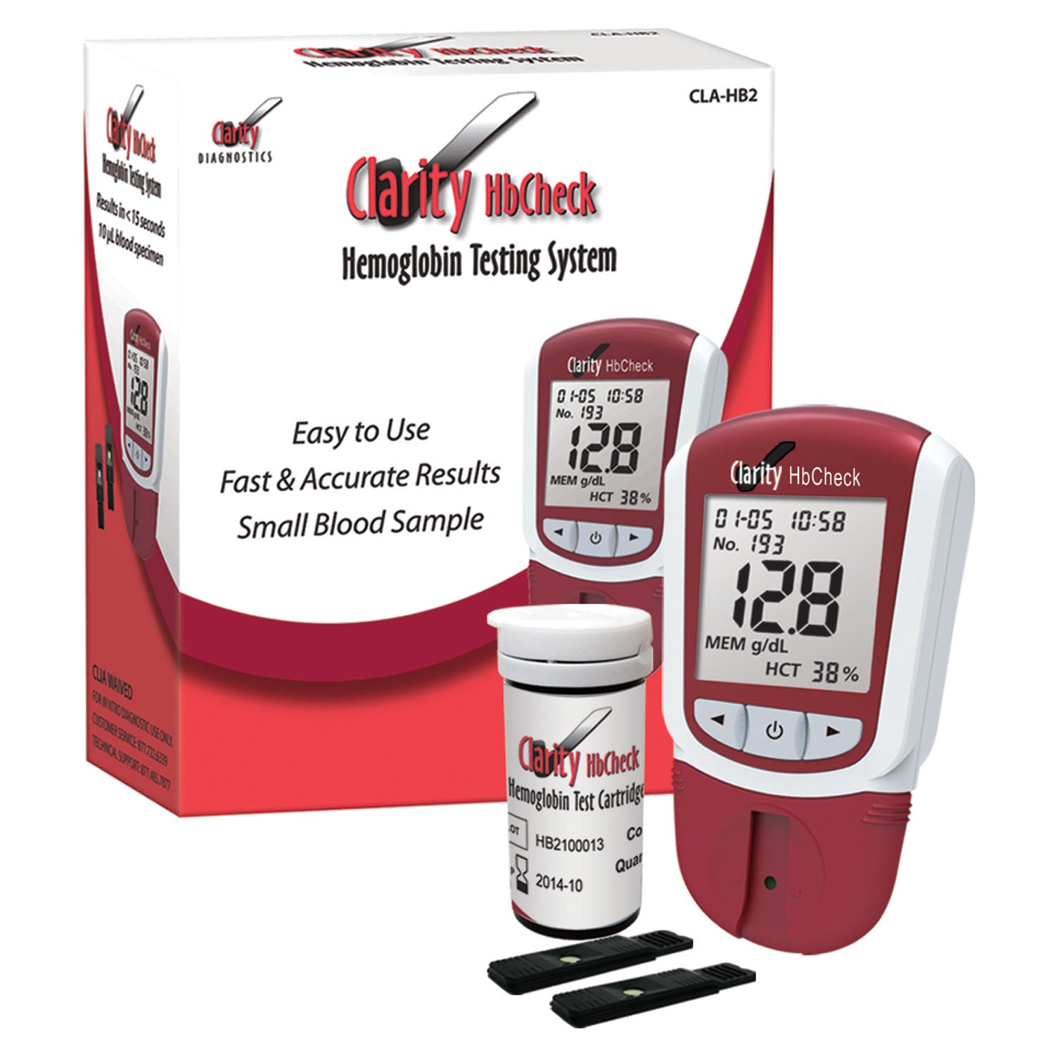 CLA-HB2 - Clarity Diagnostics, LLC - Clarity HbCheck 血紅蛋白儀,CLIA豁免認證,包含:(1) 血紅蛋白儀、快速入門及參考指南、使用手冊(不向加拿大銷售),每台