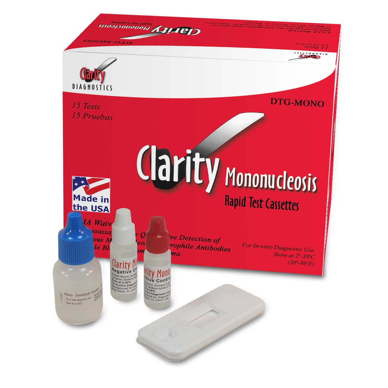 DTG-MONO - Clarity Diagnostics, LLC - Clarity 單核細胞增多症檢測盒,CLIA豁免,僅限全血樣本,包含:單核細胞增多症檢測盒、顯影液、樣本轉移管、陽性對照、陰性對照、包裝說明書,15盒/盒