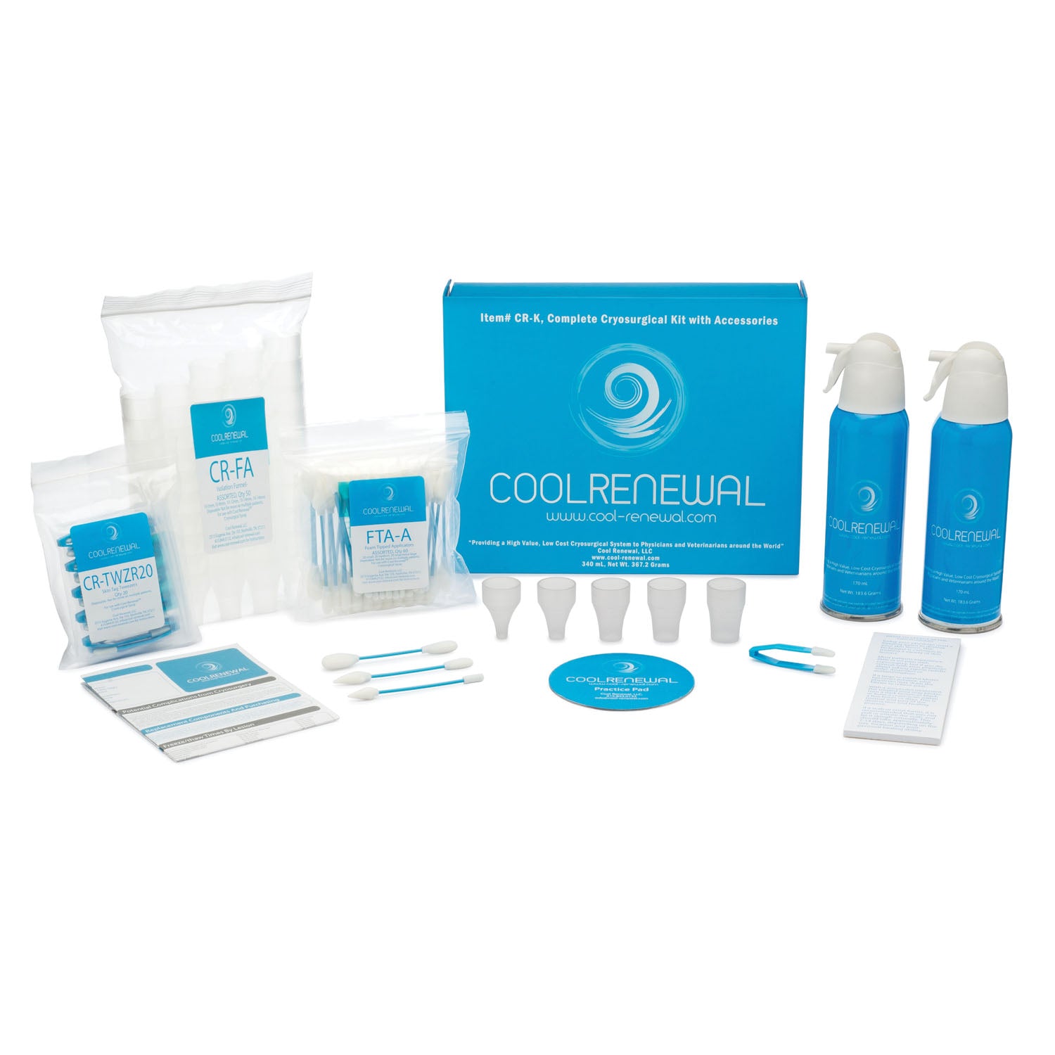 CR-K - Cool Renewal, LLC - 130 Freeze Kit, With Applicators, 2 170mL Canisters of Cryogen, 2 Extender Tubes, 60 Assorted Foam Tipped Applicators (20 Each Size), 50 Isolation Funnels (10 Each Size), 10 Skin Tag Tweezers, Instructions for Use, Patient Inst