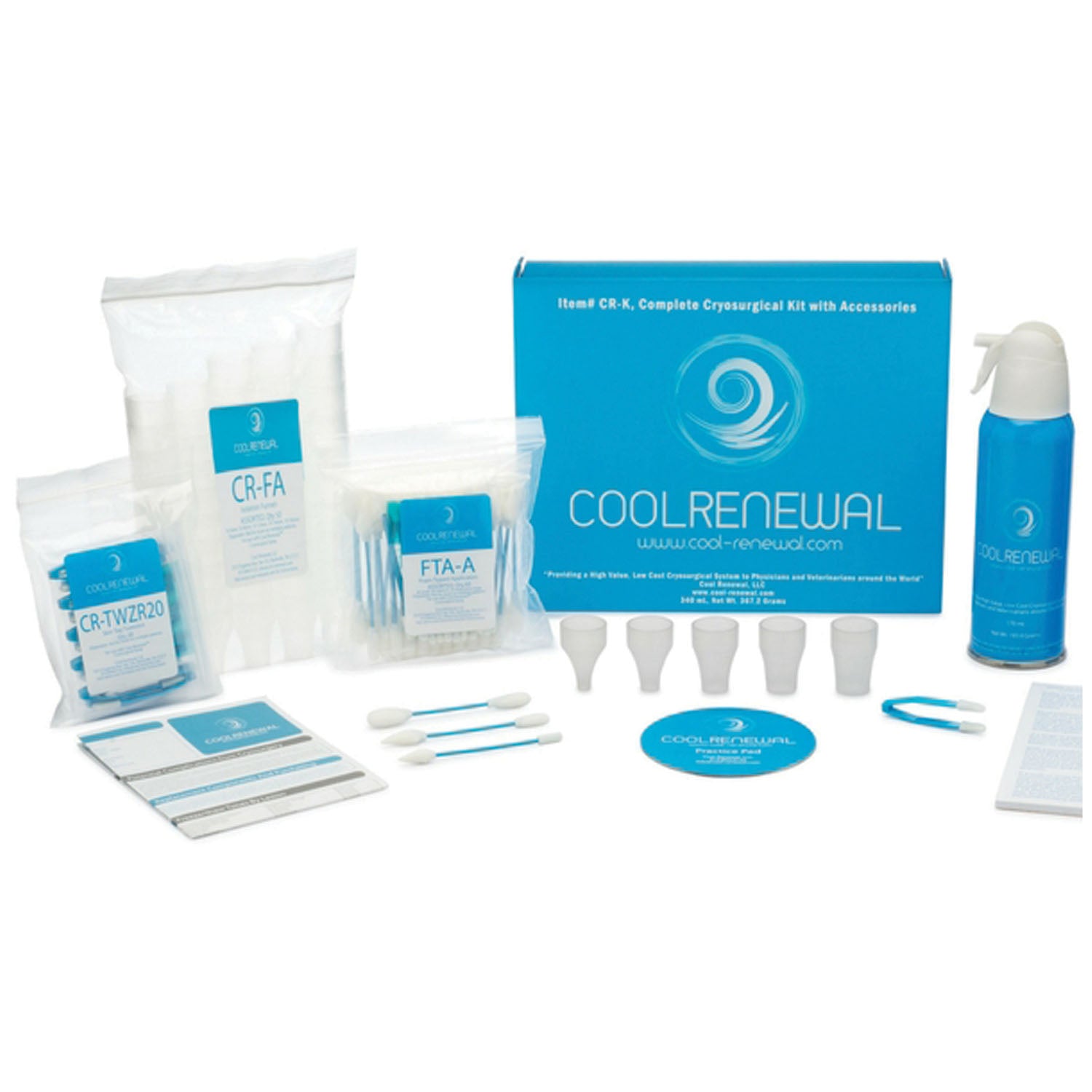 CR-K1 - Cool Renewal, LLC - 65 Freeze Kit, With Applicators, 1 170mL Canister of Cryogen, 1 Extender Tube, 60 Assorted Foam Tipped Applicators (20 Each Size), 50 Isolation Funnels (5 Each Size), 10 Skin Tag Tweezers, Instructions for Use, Patient Instruc
