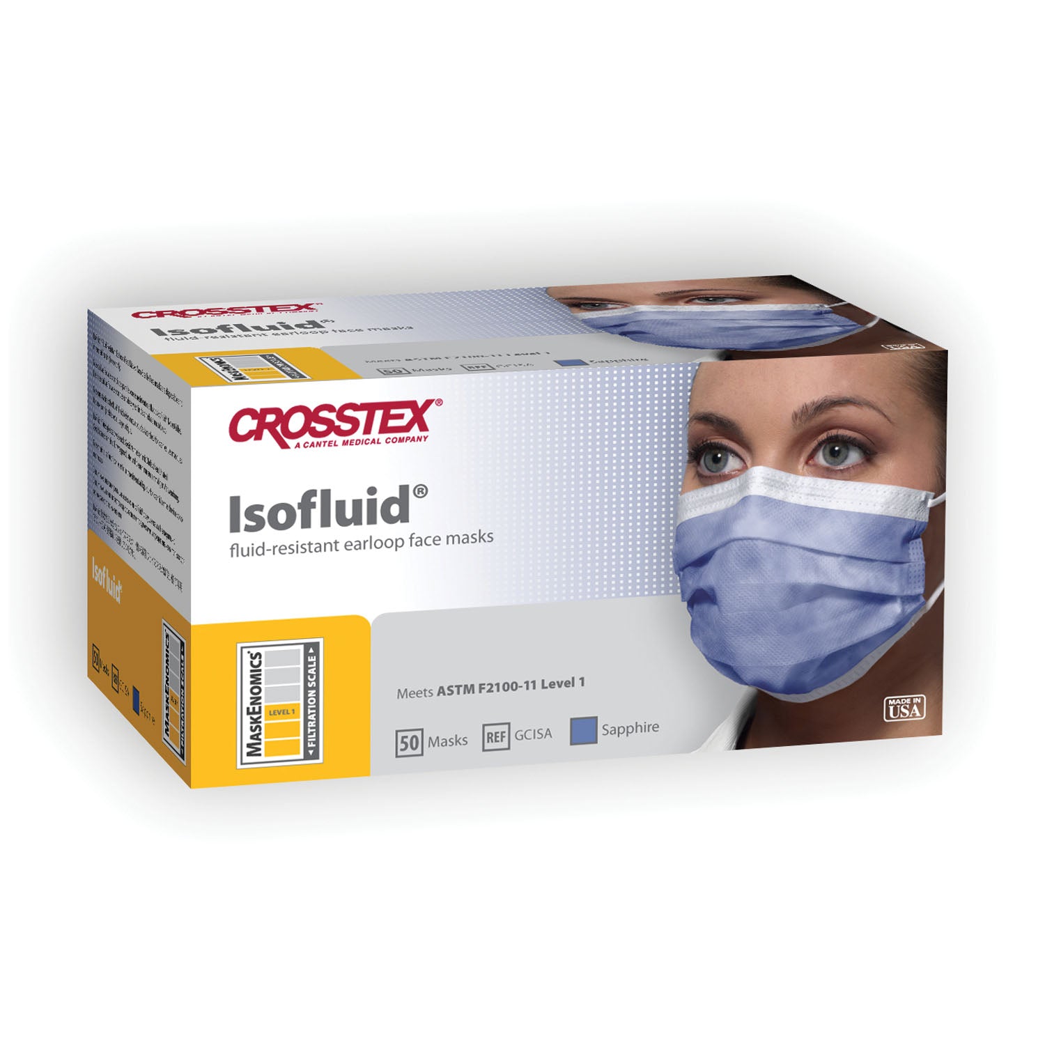 GCISA - Crosstex International - ASTM Level 1 Mask, Latex Free (LF), Sapphire, 50/bx, 10 bx/ctn , ctn