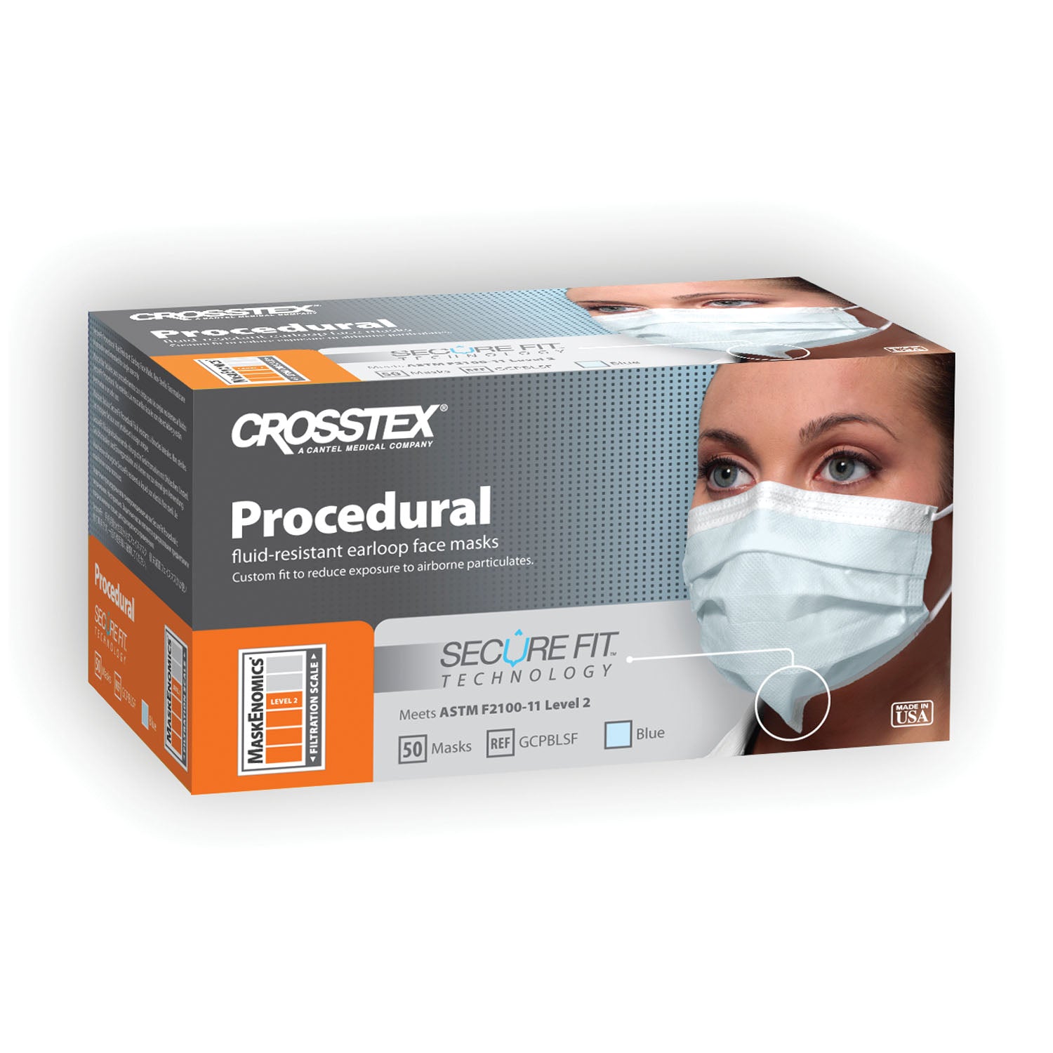 GCPBL - Crosstex International - ASTM Level 2 Mask, Blue, Latex Free (LF), 50/bx, 10 bx/ctn (18 ctn/plt) , ctn