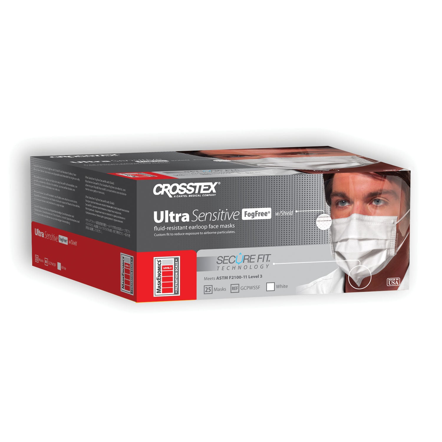 GCPWSSF - Crosstex International - ASTM Level 3 Earloop Mask, Splash Shield, Fog Free, White, 25/bx, 4 bx/ctn , ctn