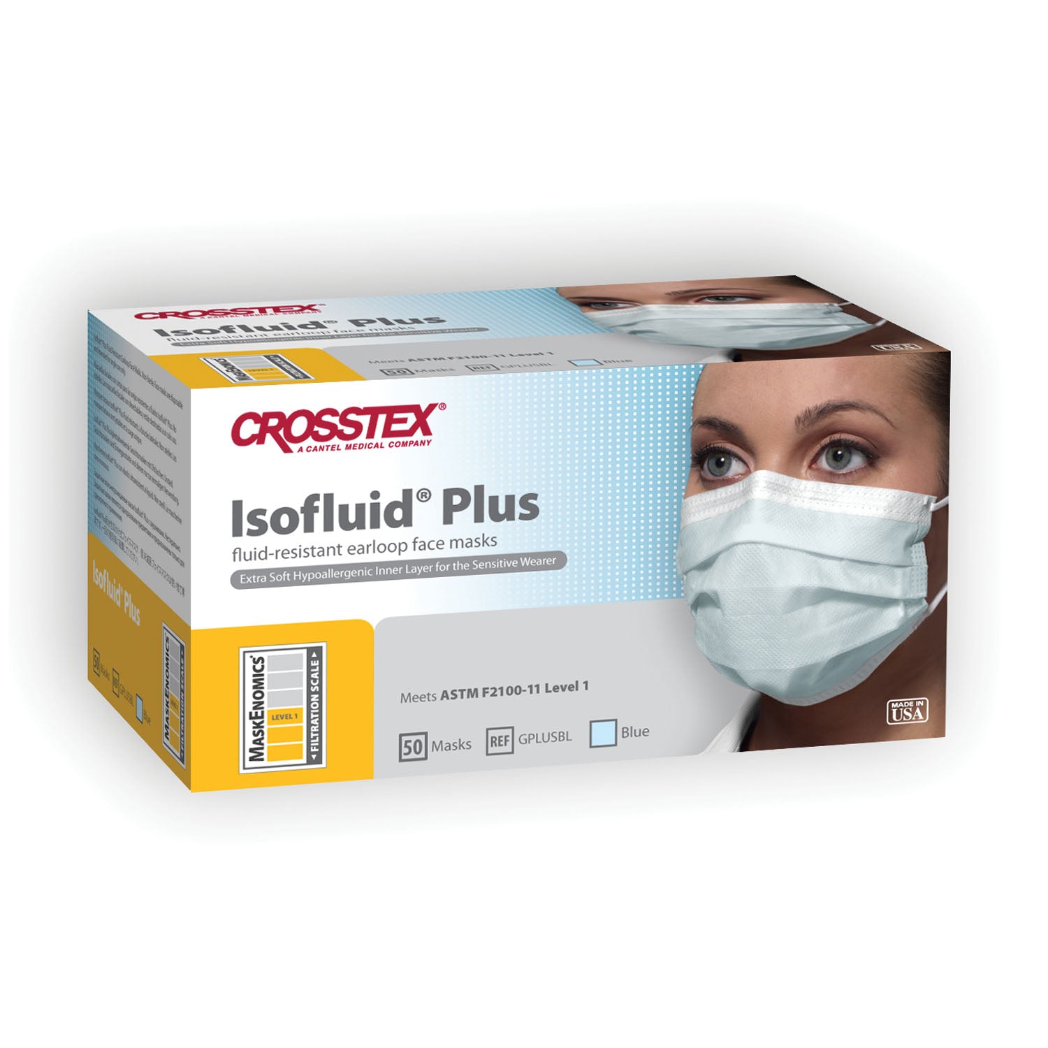 GPLUSBL - Crosstex International - ASTM Level 1 Mask, Latex Free (LF), Blue, 50/bx, 10 bx/ctn , ctn