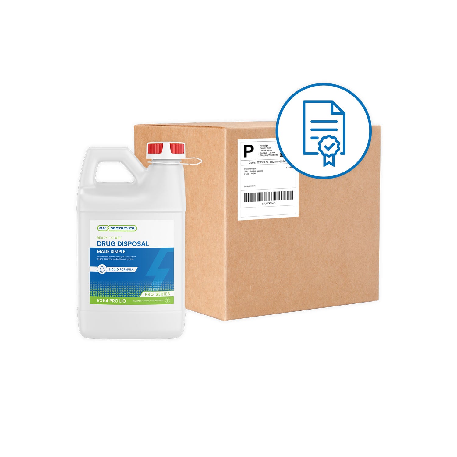 RX64PROLIQMB - C2R Global Manufacturing - Rx Destroyer™ Pro Series Liquid Meds Only Formula with Hardener Packets, 64 oz Bottle, Tethered Cap & View Guage, 4 btl/cs , cs