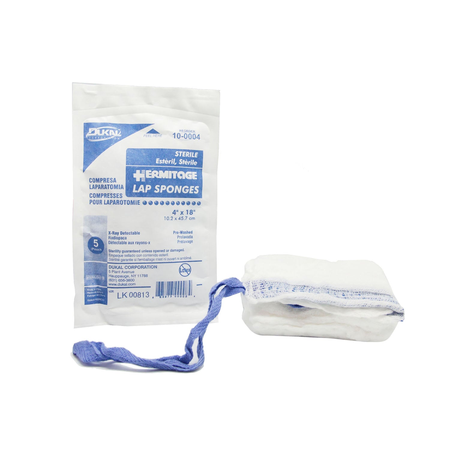 10-0004 - Dukal Corporation - Laparotomy Sponge, 4" x 18", Sterile, X-Ray Detectable, Prewashed, Softpack, 5/pk, 20 pk/cs , cs