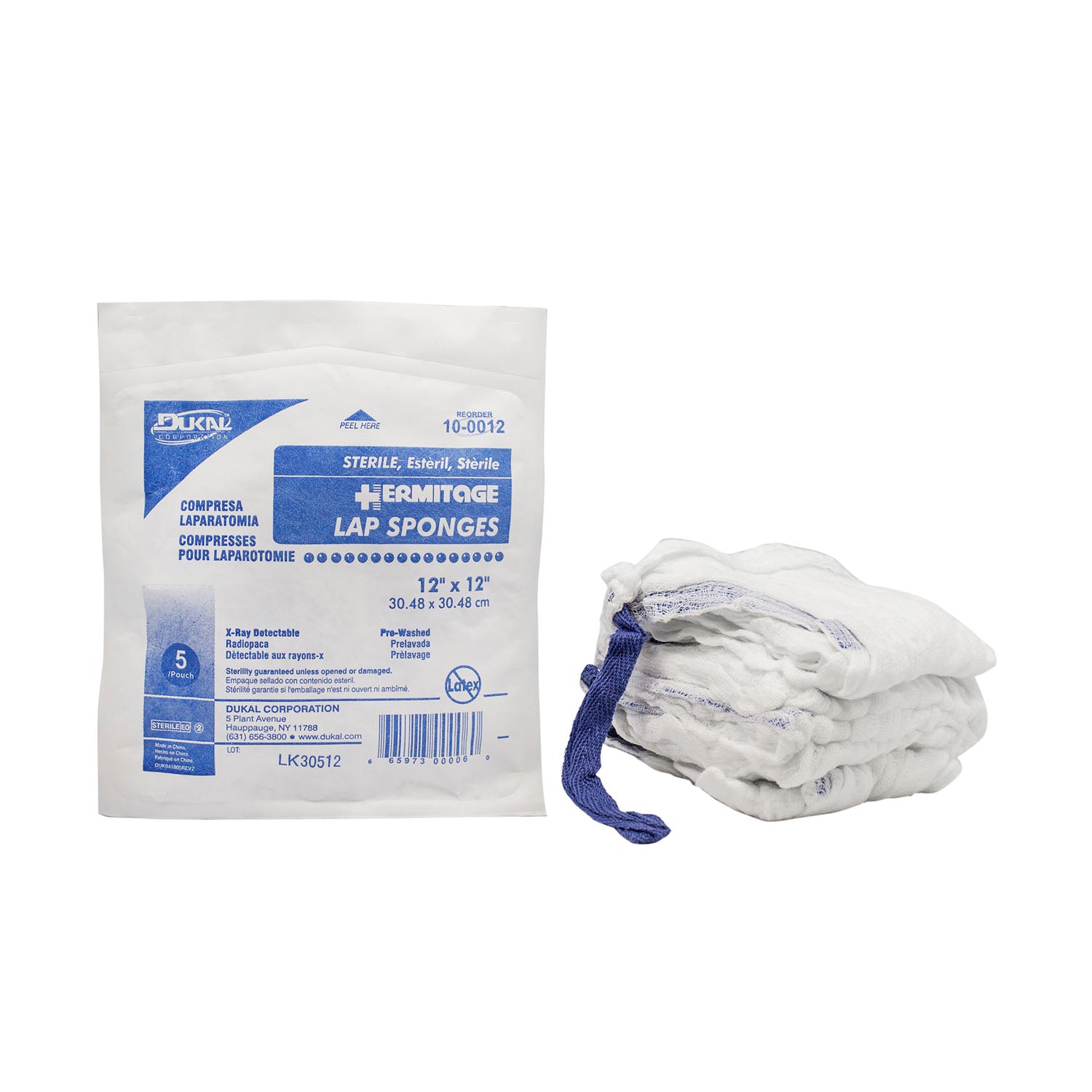 10-0012 - Dukal Corporation - Laparotomy Sponge, 12" x 12", Sterile, X-Ray Detectable, Prewashed, Softpack, 5/pk, 20 pk/cs , cs