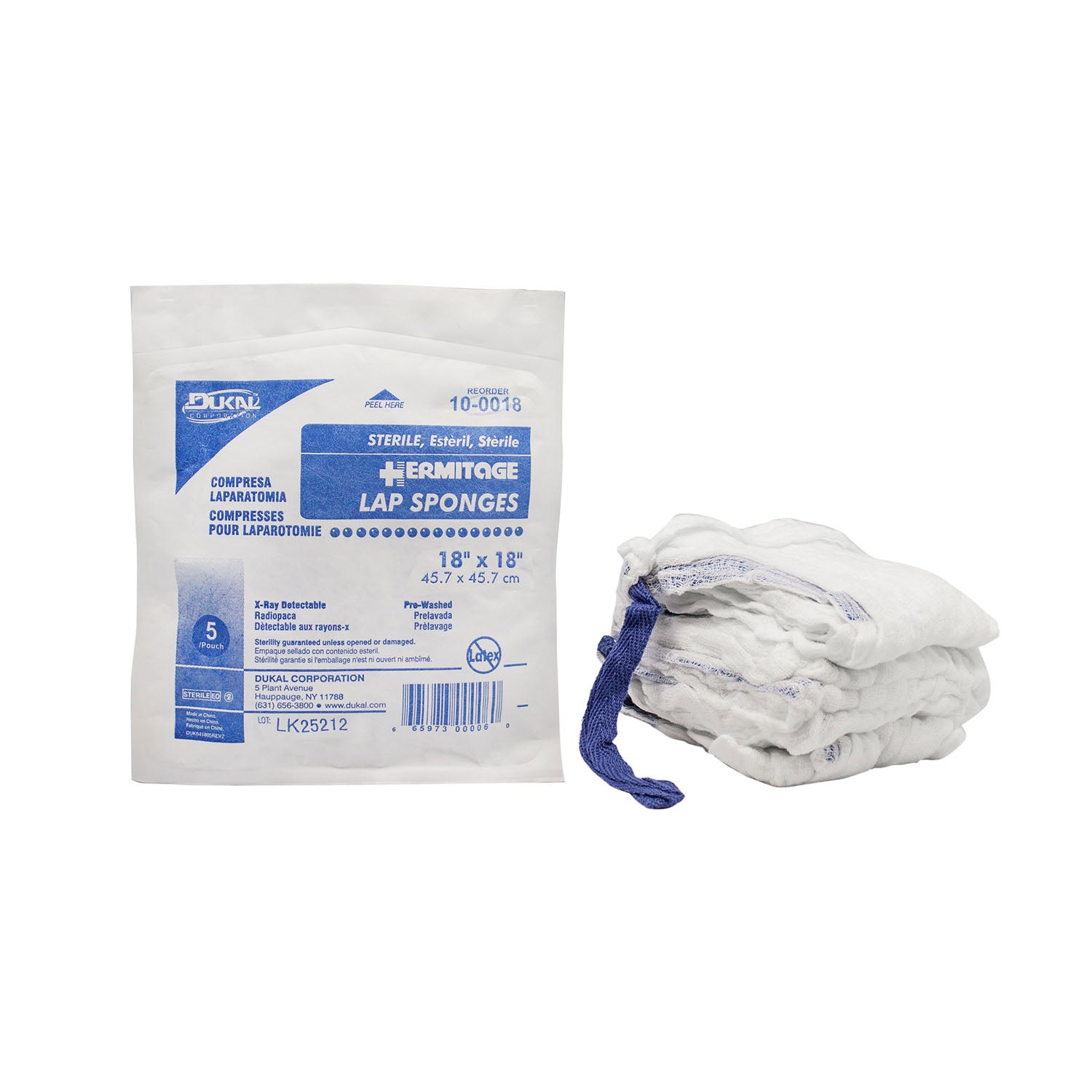 10-0018 - Dukal Corporation - Laparotomy Sponge, 18" x 18", Sterile, X-Ray Detectable, Prewashed, Softpack, 5/pk, 20 pk/cs (64 cs/plt) , cs