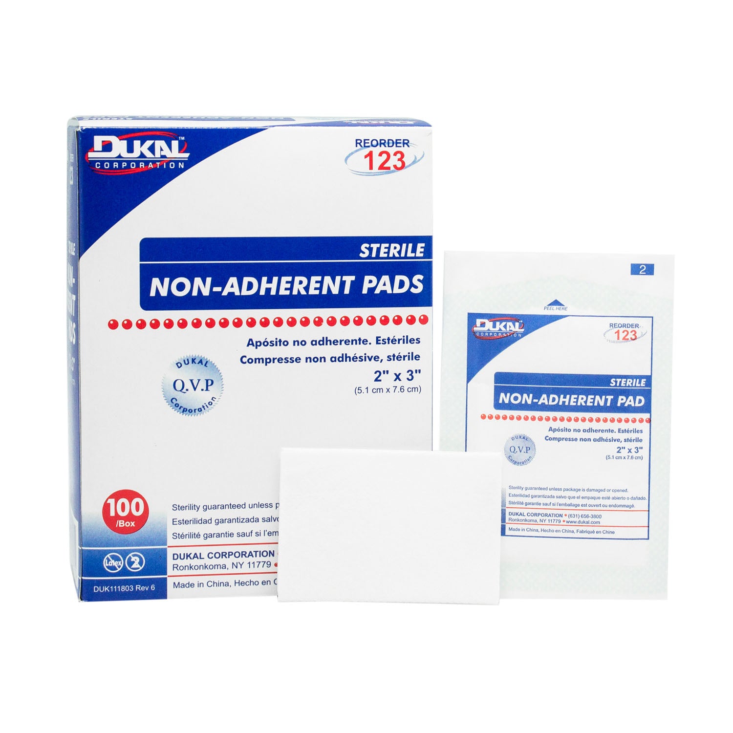 123 - Dukal Corporation - Non-Adherent Pad, 2" x 3", Sterile, 1/pk, 100 pk/bx, 12 bx/cs , cs