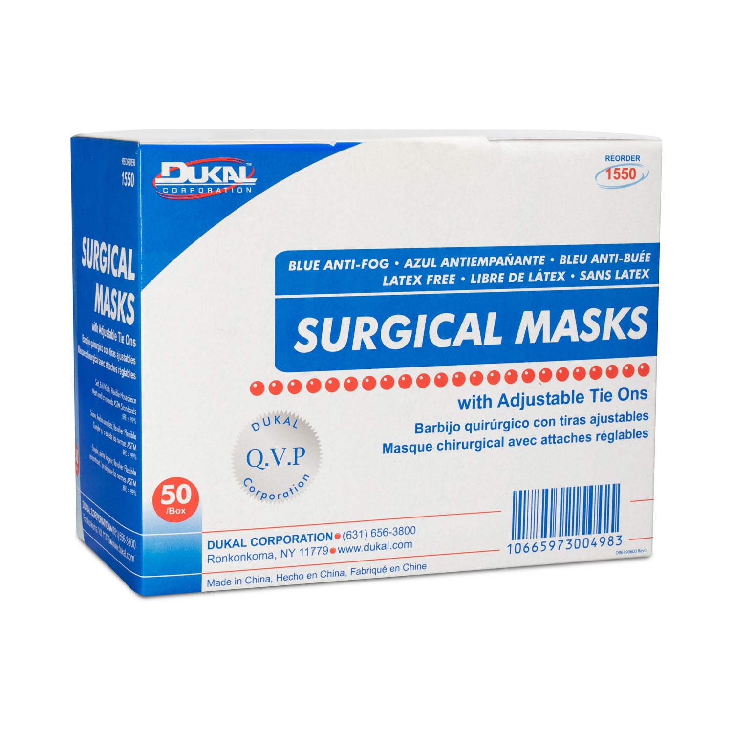 1550 - Dukal Corporation - Face Mask, Tie, Anti-Fog, 3-Ply, Blue, 50/bx, 6 bx/cs , cs