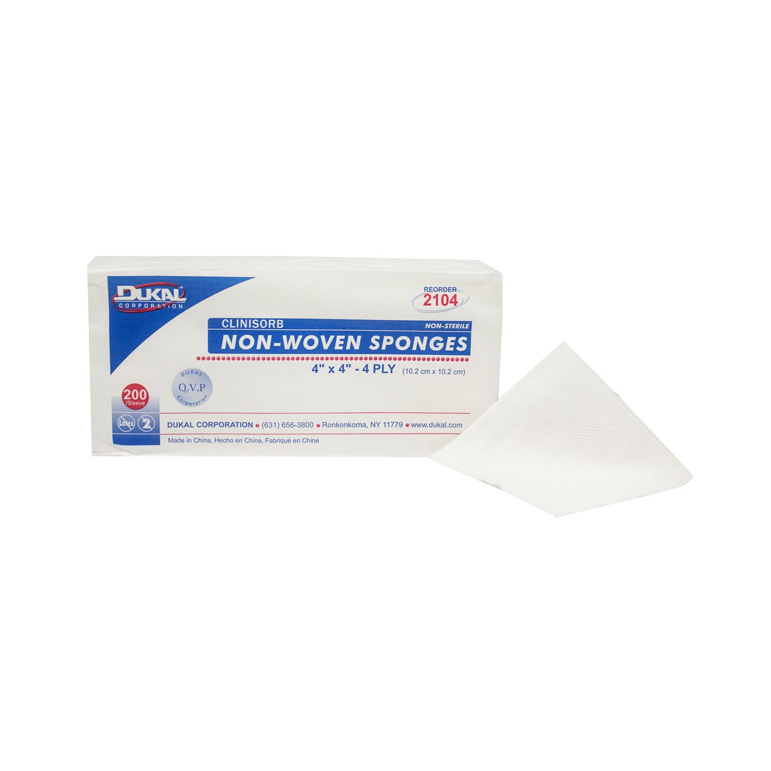 2104 - Dukal Corporation - Clinisorb Non-Woven Sponge, 4" x 4", 4-Ply, Non-Sterile, 200/bg, 10 bg/cs (44 cs/plt) , cs