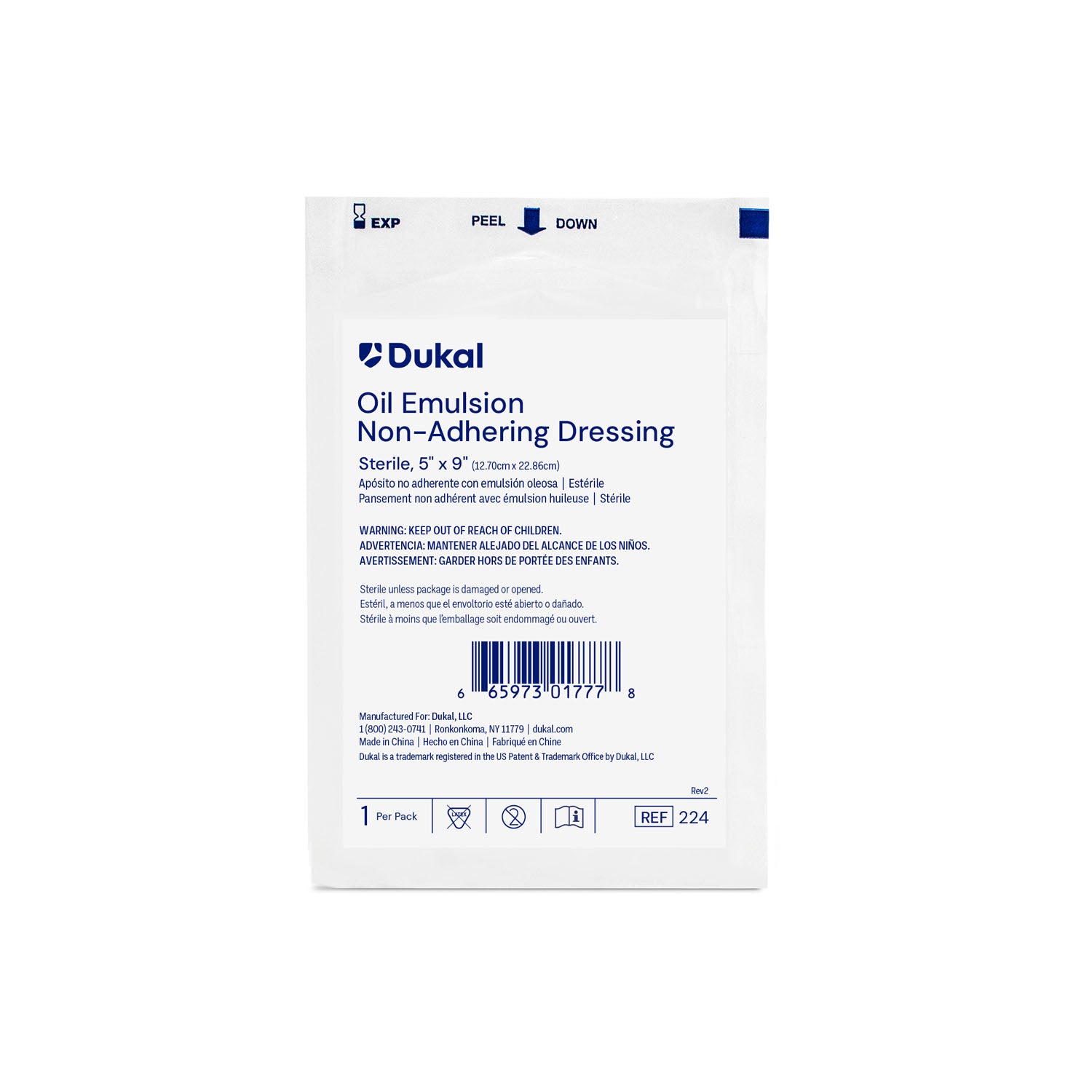 224 - Dukal Corporation - Apósito de emulsión de aceite, 5" x 9", estéril, 1/paquete, 12 paquetes/caja, caja