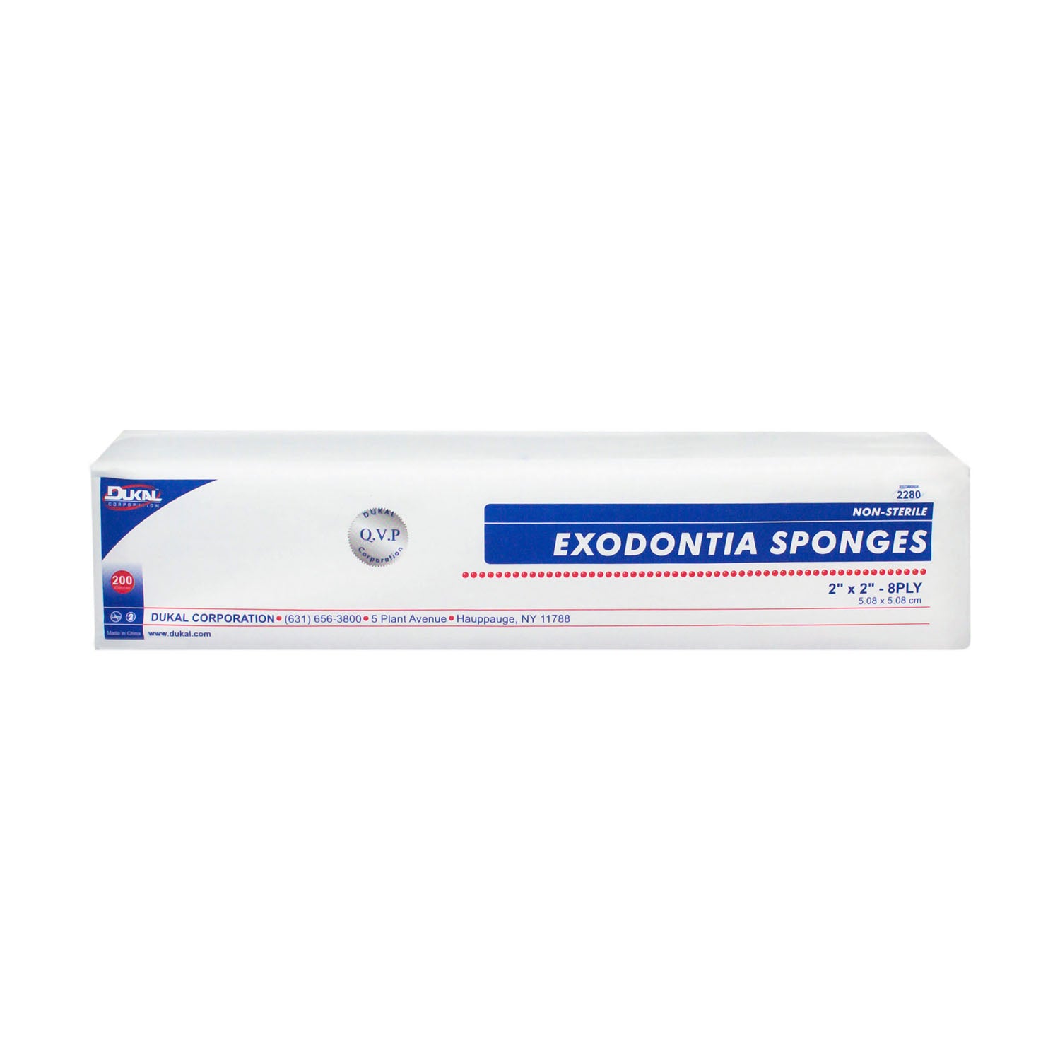 2280 - Dukal Corporation - Esponja de gasa, 2" x 2", no estéril, 8 capas, relleno de algodón, 200/bolsa, 25 bolsas/caja, caja