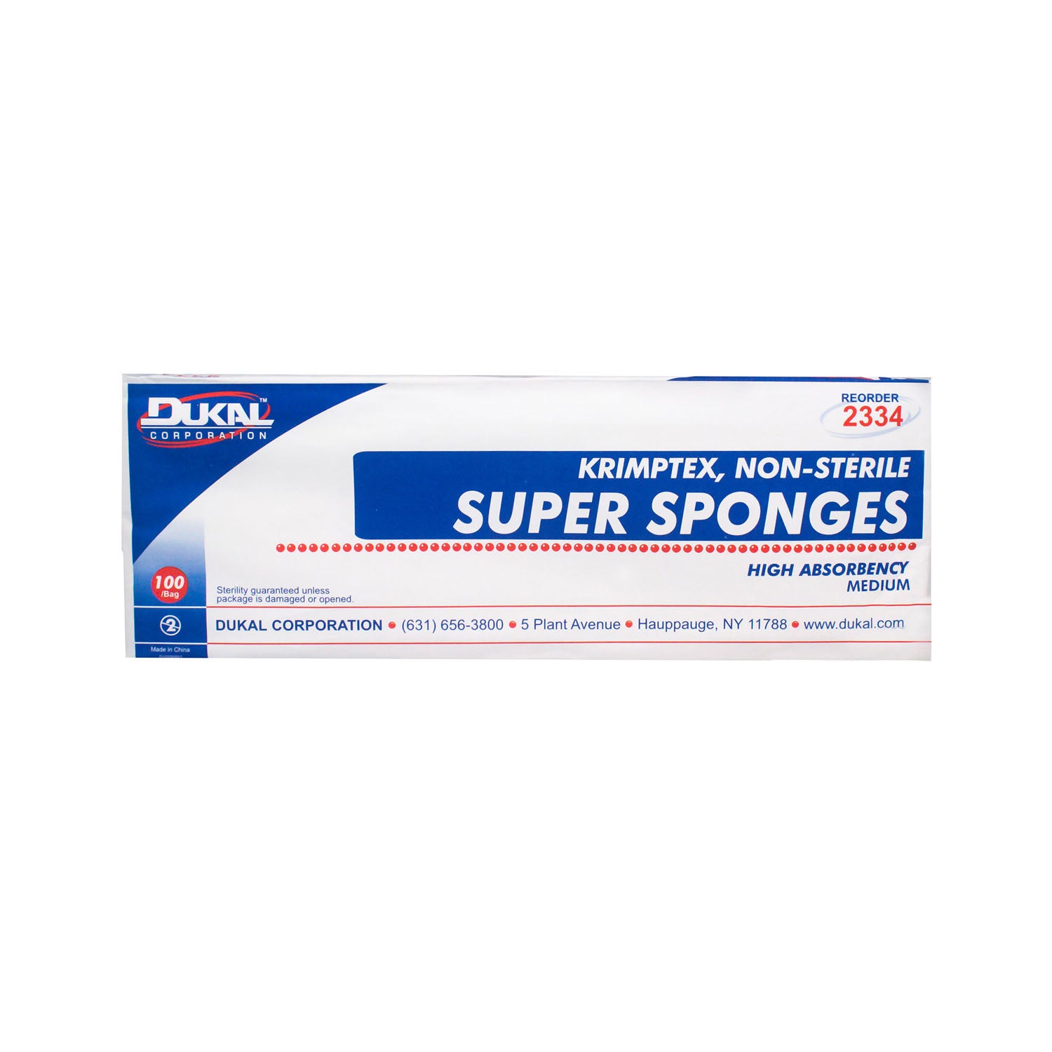 2334 - Dukal Corporation - Sponge, Diagonal Measurement: 6" x 6¾" (Medium), Non-Sterile, 100/bg, 6 bg/cs , cs
