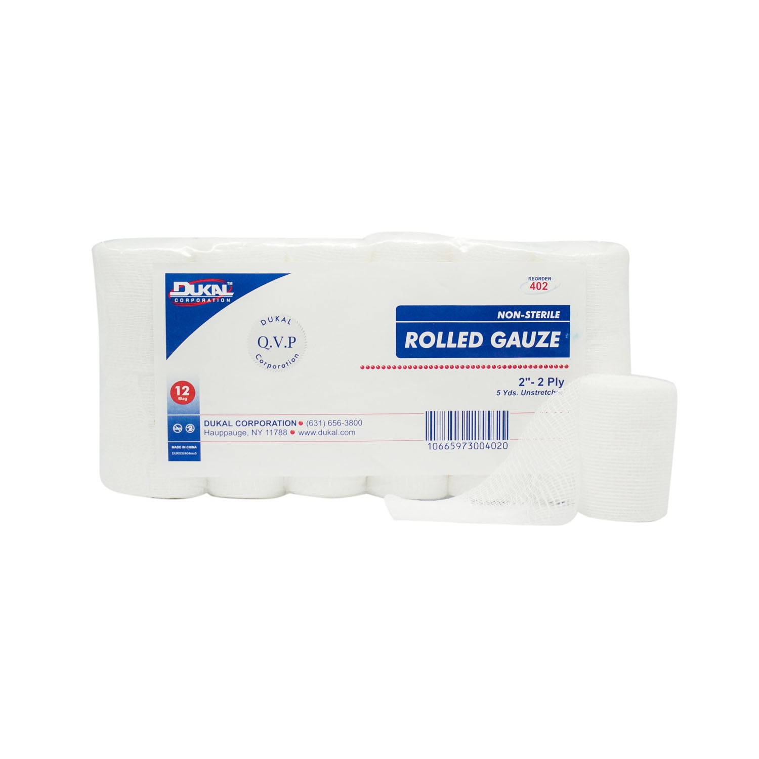 402 - Dukal Corporation - Rolled Gauze, 2" x 5 yd, Non-Sterile, 2-Ply, 12 rl/bg, 8 bg/cs , cs