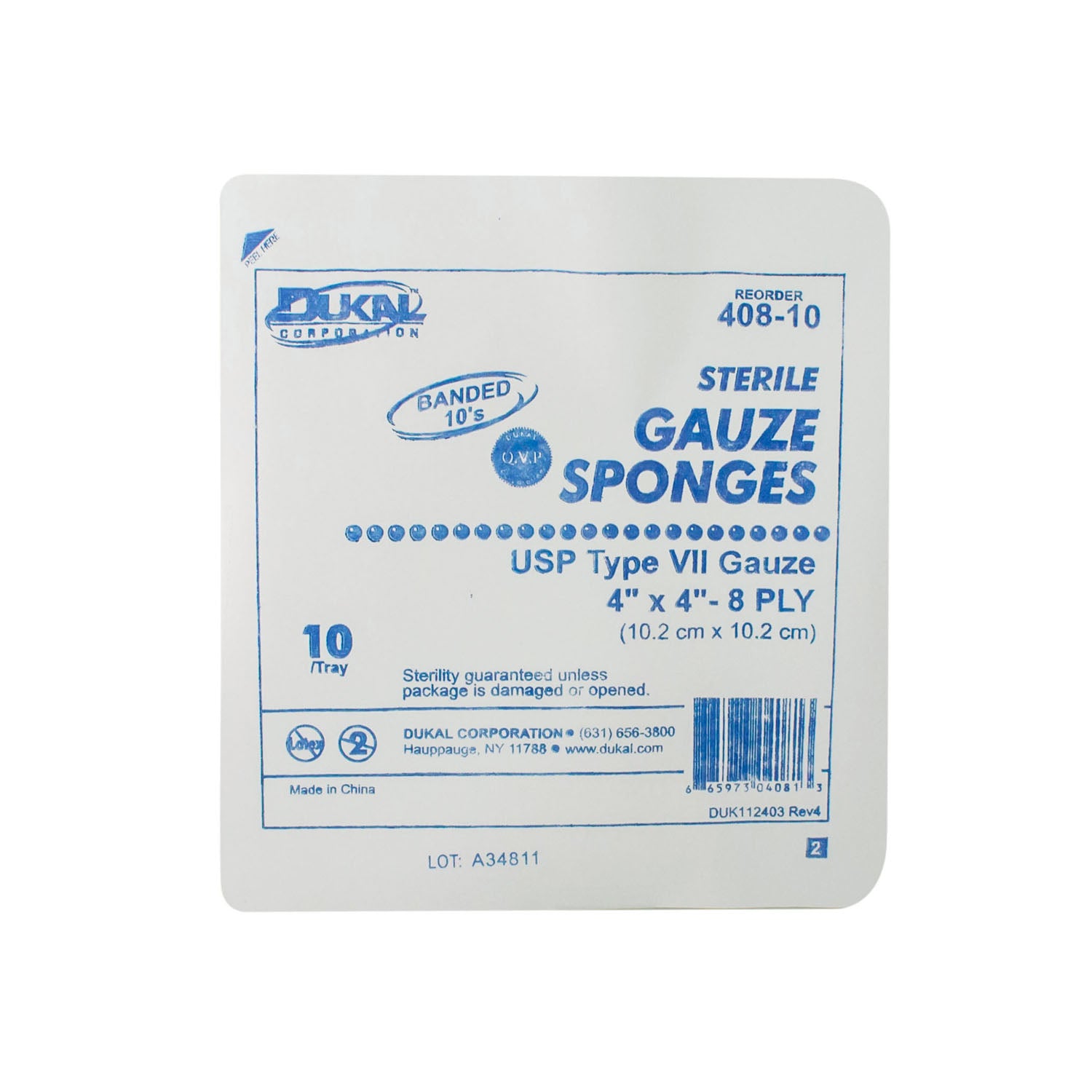 408-10 - Dukal Corporation - Esponja de gasa, 4" x 4", bandeja estéril, 8 capas, 10/bandeja, 128 bandejas/caja, caja