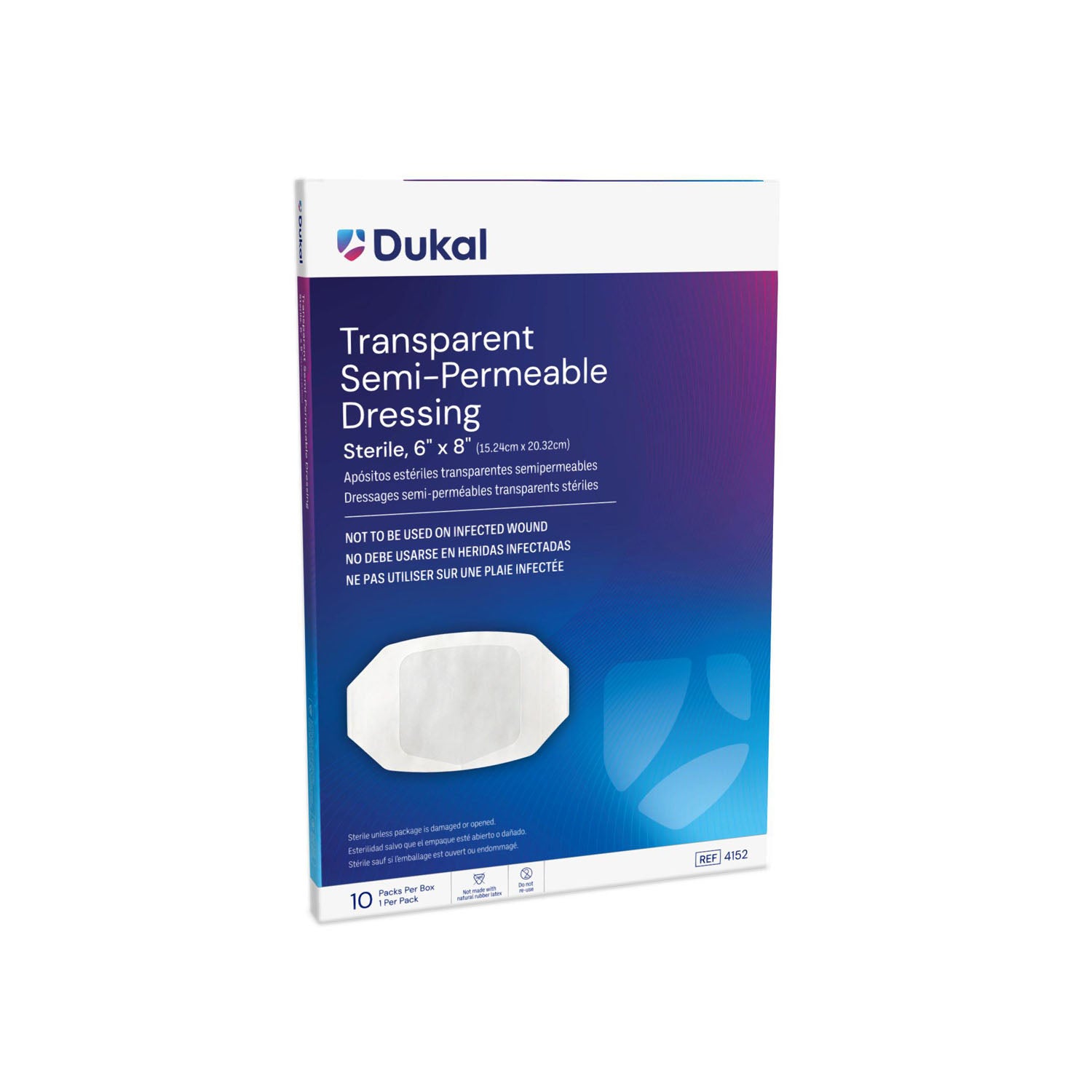 4152 - Dukal 公司 - 半透性敷料,6 英寸 x 8 英寸,透明,無菌,1 片/包,10 片/盒,盒裝