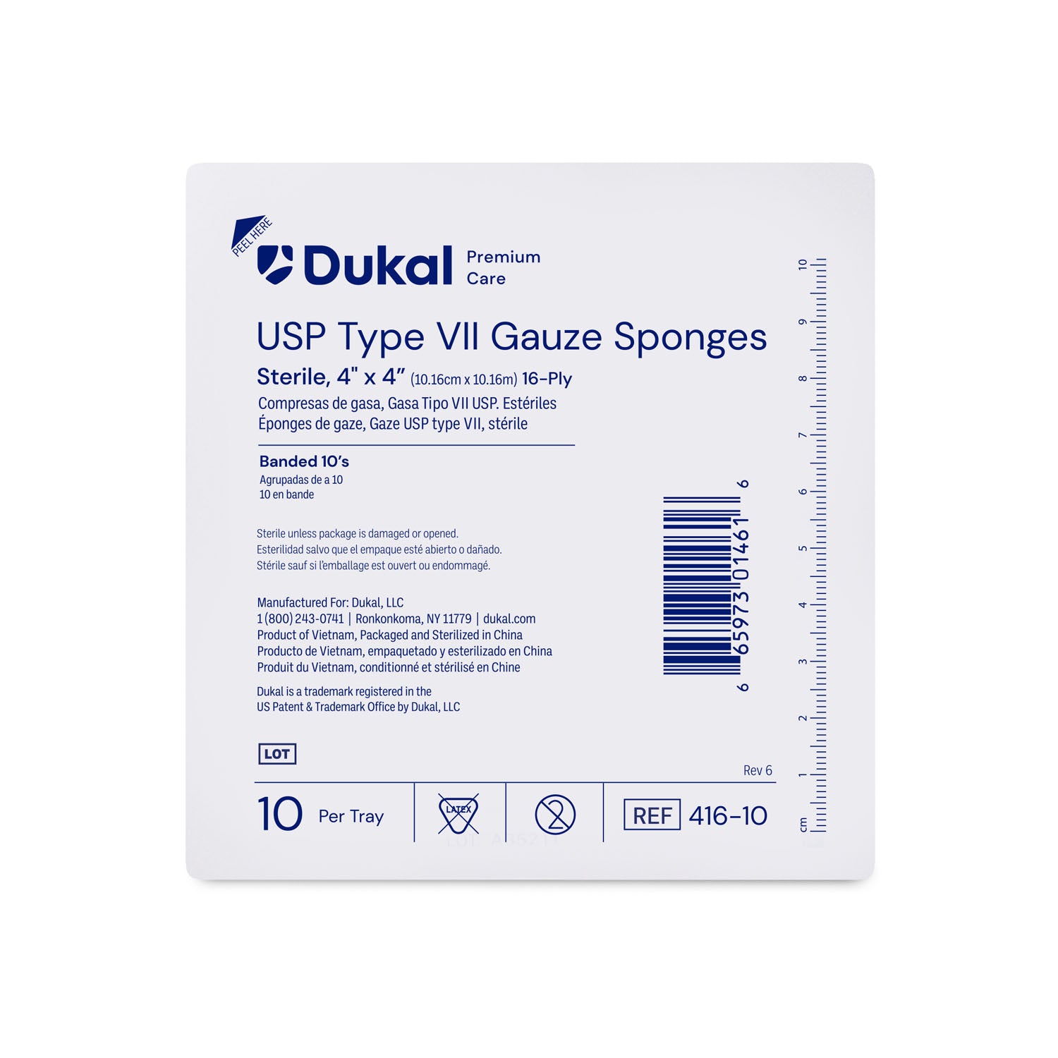 416-10 - Dukal 公司 - 紗布海綿,4 英寸 x 4 英寸,VII 型,16 層,無菌,10 片/盒,128 盒/箱