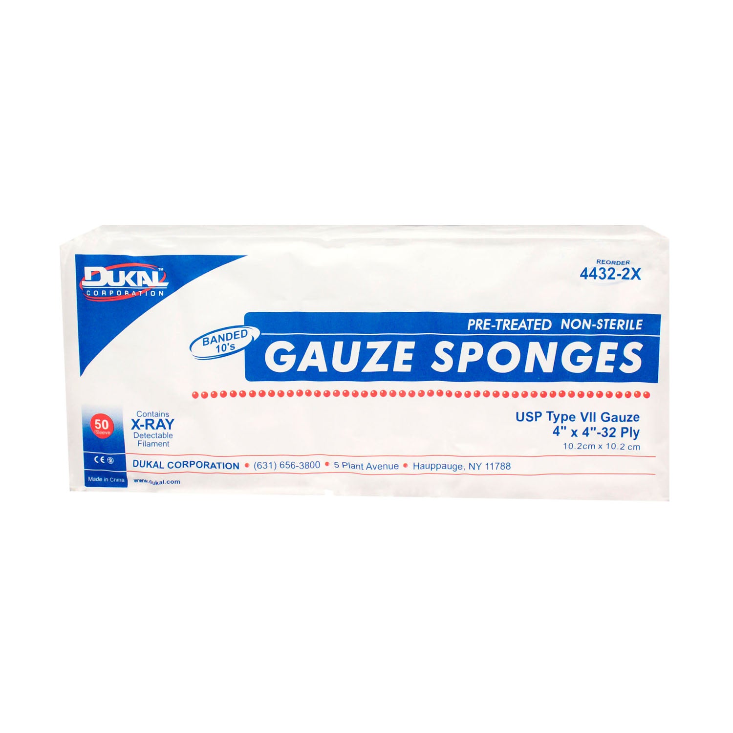 4432-2X - Dukal Corporation - Gauze Sponge, 4" x 4", X-Ray Detectable Type VII, Non-Sterile, 50/bg, 20 bg/cs (Hermitage 9466T & 9466) , cs