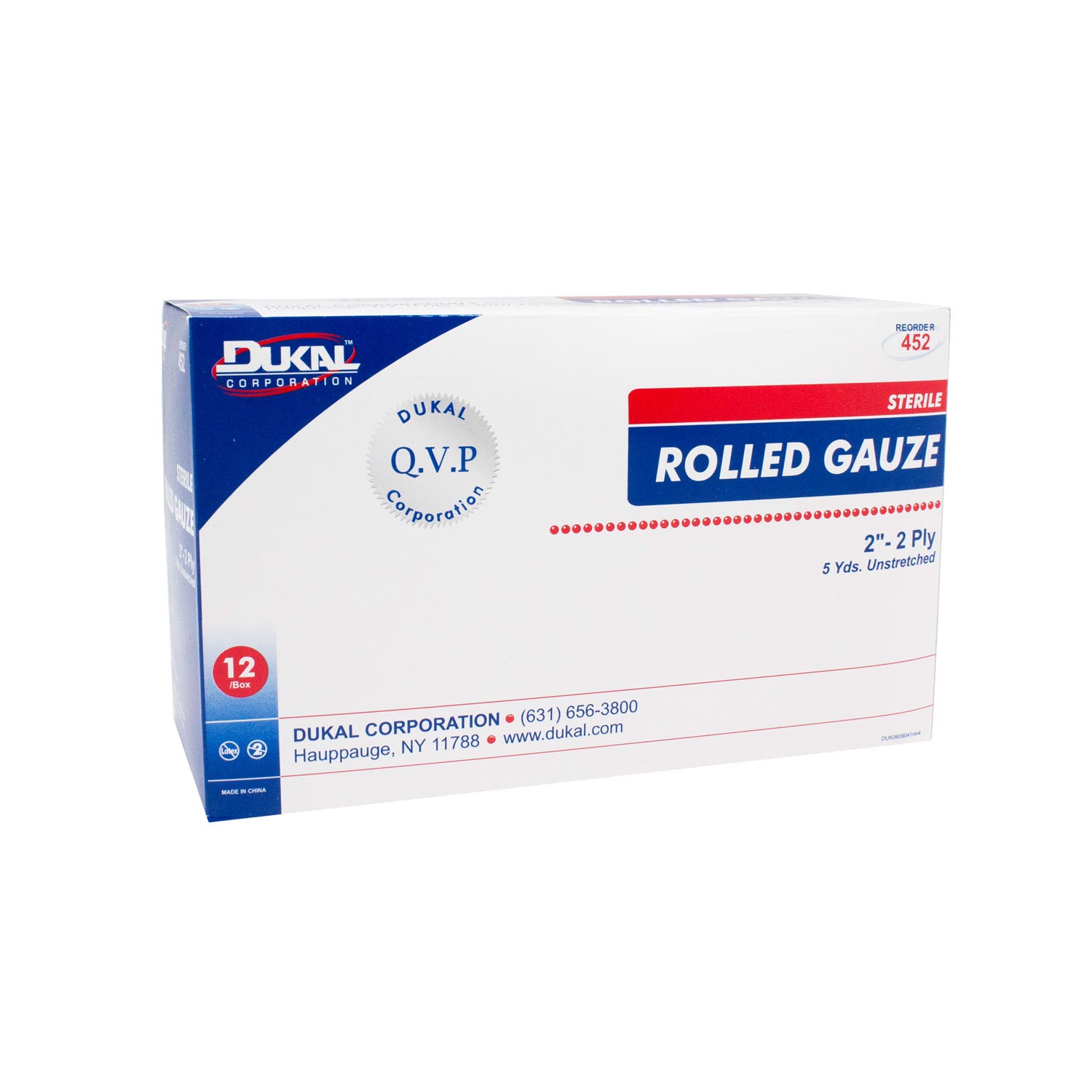452 - Dukal Corporation - Rolled Gauze, 2" x 5 yd, Sterile, 2-Ply, 1/pouch, 12 pouch/bg, 8 bg/cs , cs