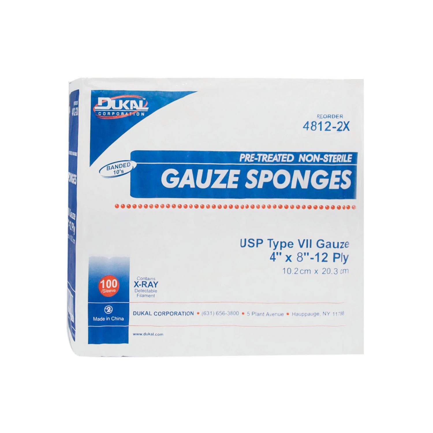 4812-2X - Dukal Corporation - Gauze Sponge, 8" x 4" X-Ray Detectable Type VII, 12-Ply, Non-Sterile, 100/bg, 20 bg/cs , cs