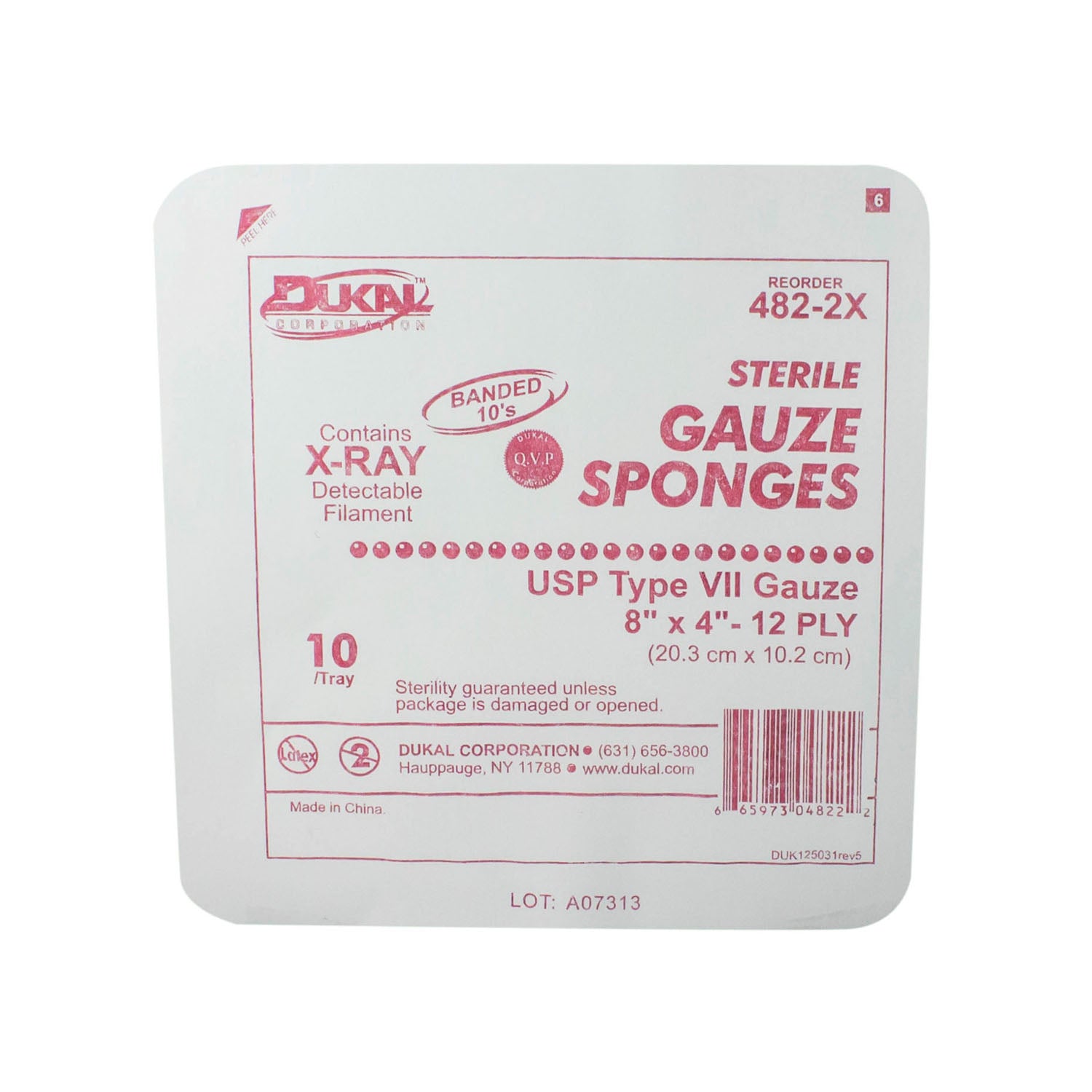 482-2X - Dukal Corporation - Gauze Sponge, 8" x 4" X-Ray Detectable Type VII, 12-Ply, Sterile, 10/tray, 48 tray/cs , cs