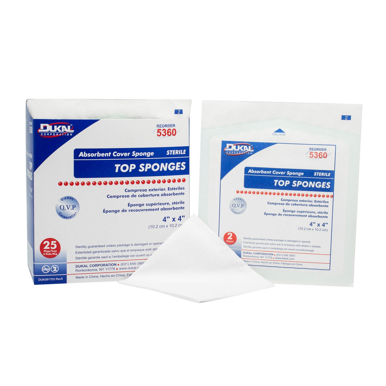 5360 - Dukal Corporation - Esponja superior, 4" x 4", no tejida, estéril, 2/paquete, 25/paquete, 24/caja, caja