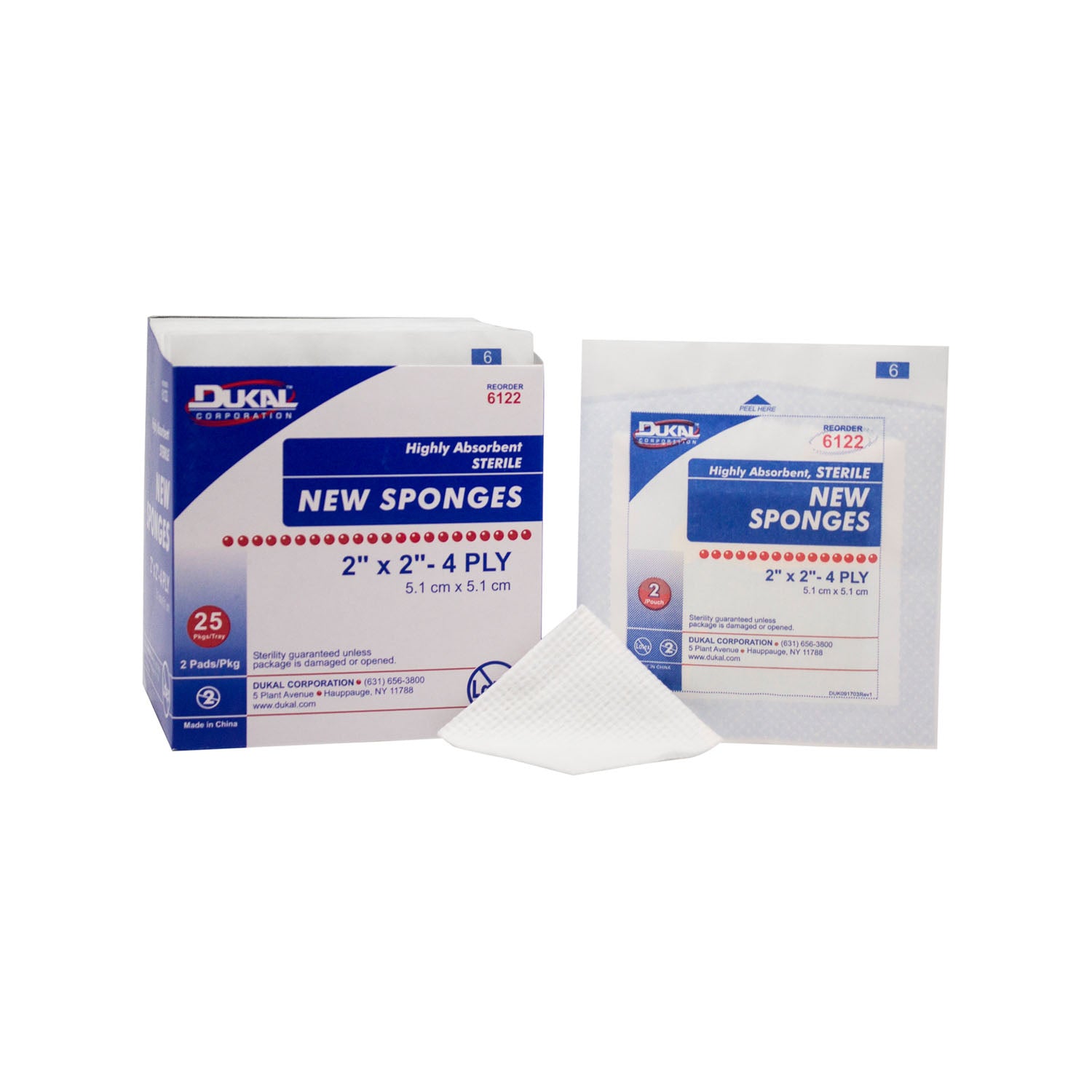 6122 - Dukal Corporation - Esponja nueva de 2" x 2", no tejida, estéril, de 4 capas, paquete de 2, paquete de 25, caja de 60, caja