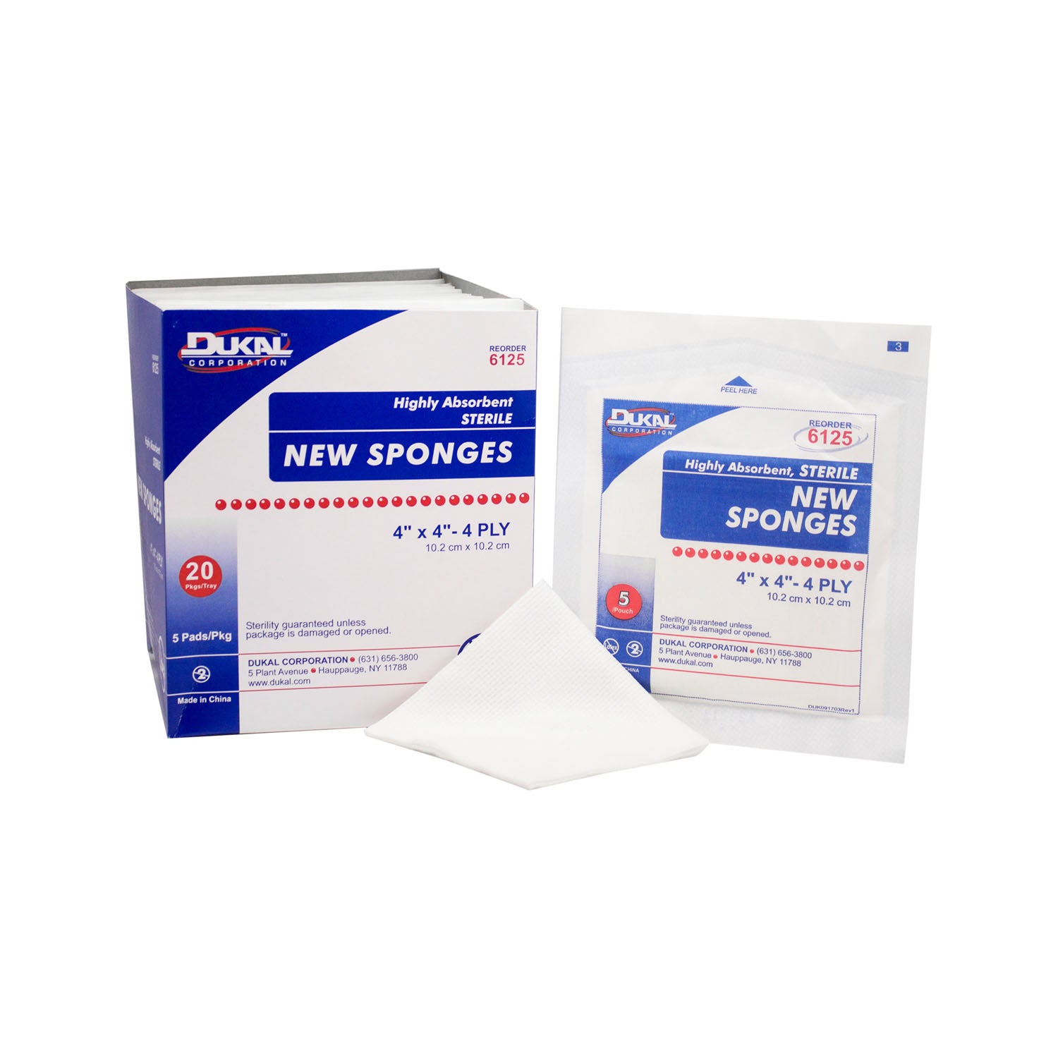 6125 - Dukal Corporation - Sponge, 4" x 4", Non-Woven New Sponge, Sterile, 4-ply, 5/pk, 20 pk/bx, 8 bx/cs , cs
