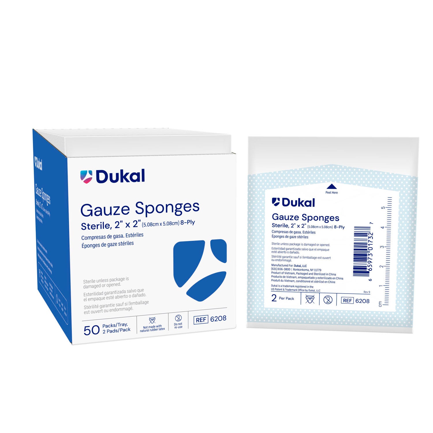 6208 - Dukal Corporation - 紗布海綿,2英寸 x 2英寸,無菌,8層,2片/包,50包/盒,30盒/箱,箱裝