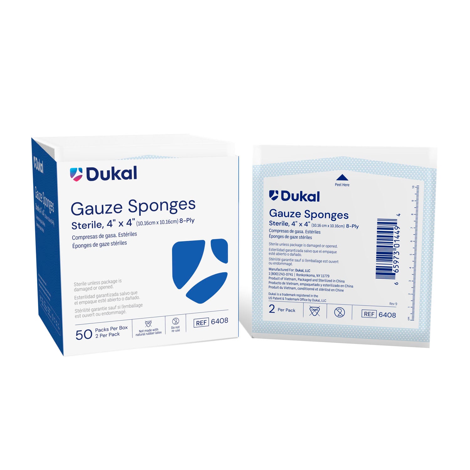 6408 - Dukal Corporation - 紗布海綿,4英寸 x 4英寸,無菌,8層,2片/包,50包/盒,12盒/箱,箱裝