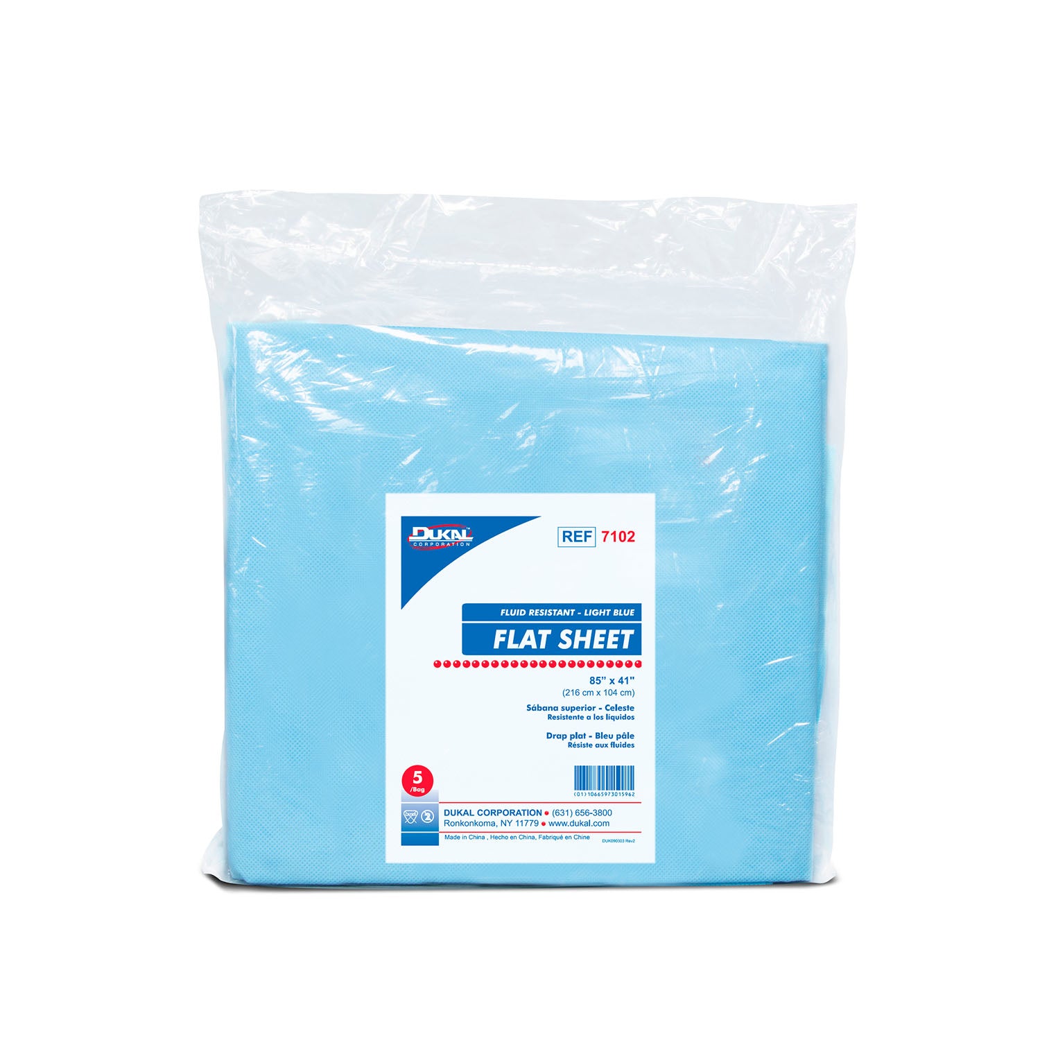 7102 - Dukal Corporation - Lámina plana, 85" x 41", resistente a fluidos, azul claro, 5/bolsa, 20 bolsas/caja, caja