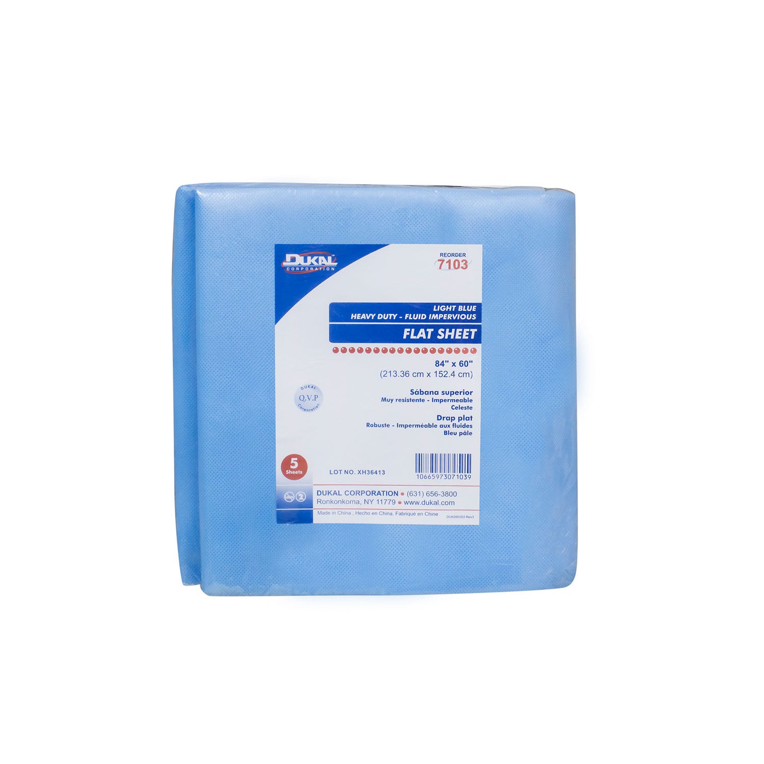 7103 - Dukal Corporation - Flat Sheet, 84" x 60", Heavy Duty Fluid Resistant, Lt. Blue, 5/bg, 10 bg/cs , cs