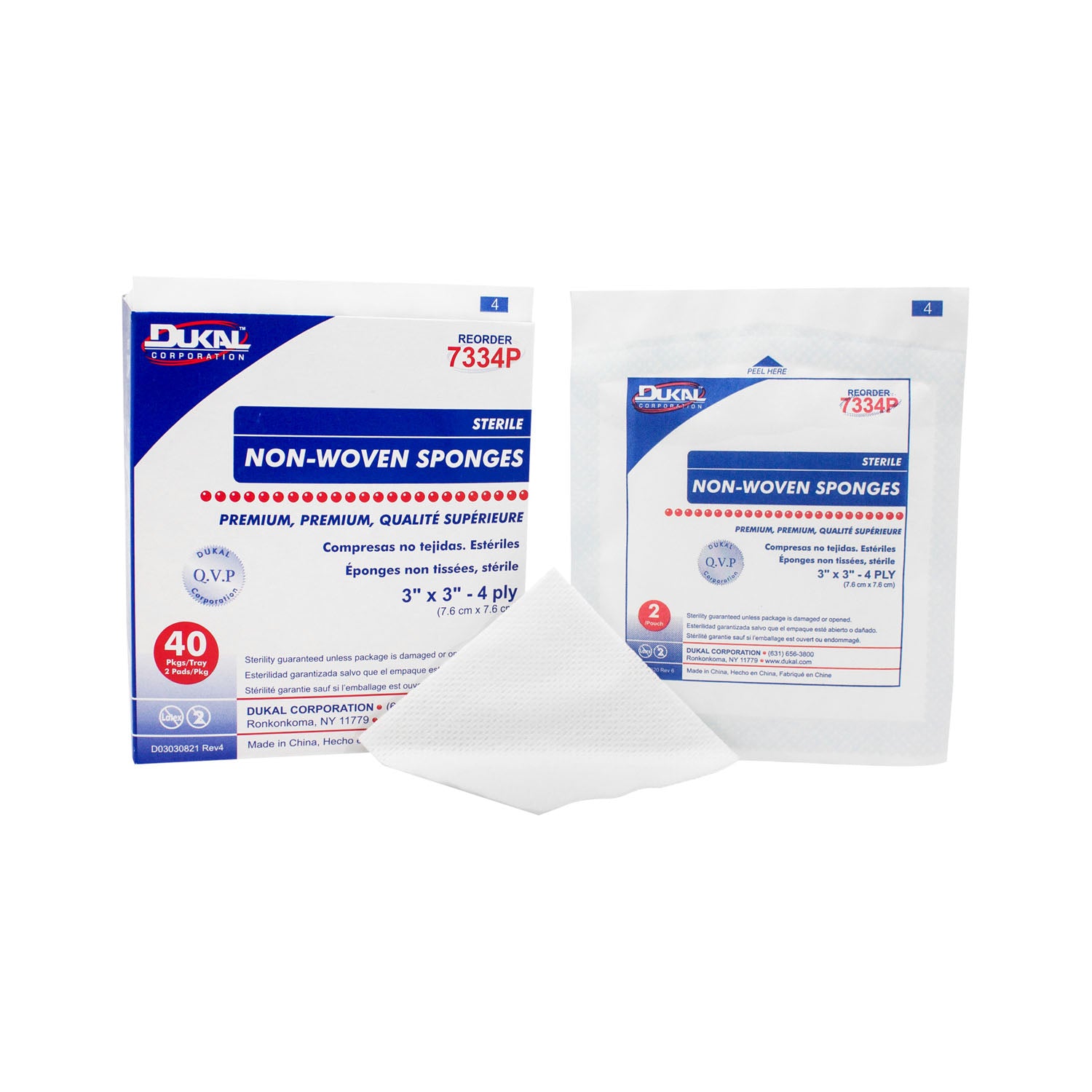 7334P - Dukal Corporation - Sponge, 3" x 3" Non-Woven, Premium, Sterile, 4-Ply, 2/pk, 40 pk/bx, 30 bx/cs , cs