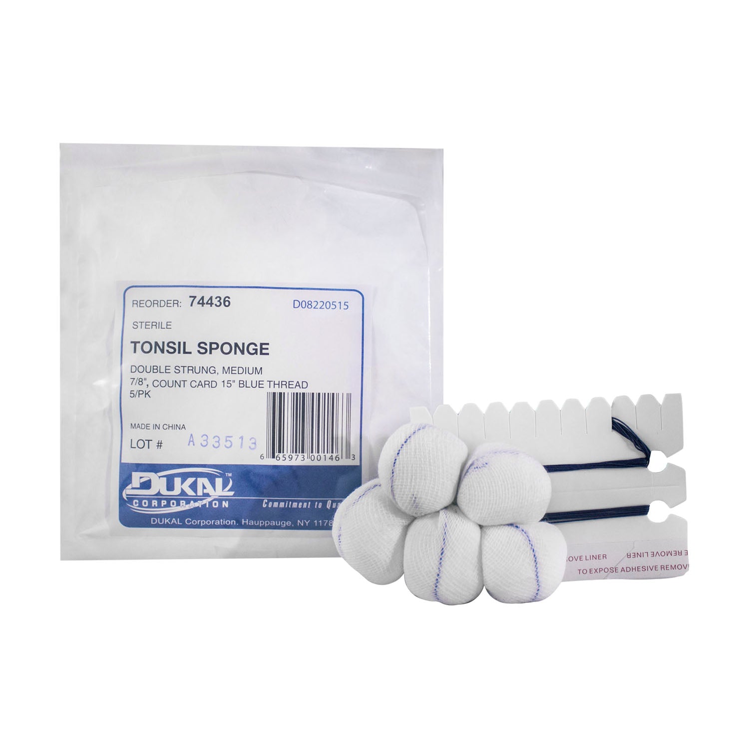 74436 - Dukal Corporation - 雙股扁桃體海綿,15英寸藍色線,無菌5股裝,中號,7/8英寸,5股/包,100股/箱,箱裝
