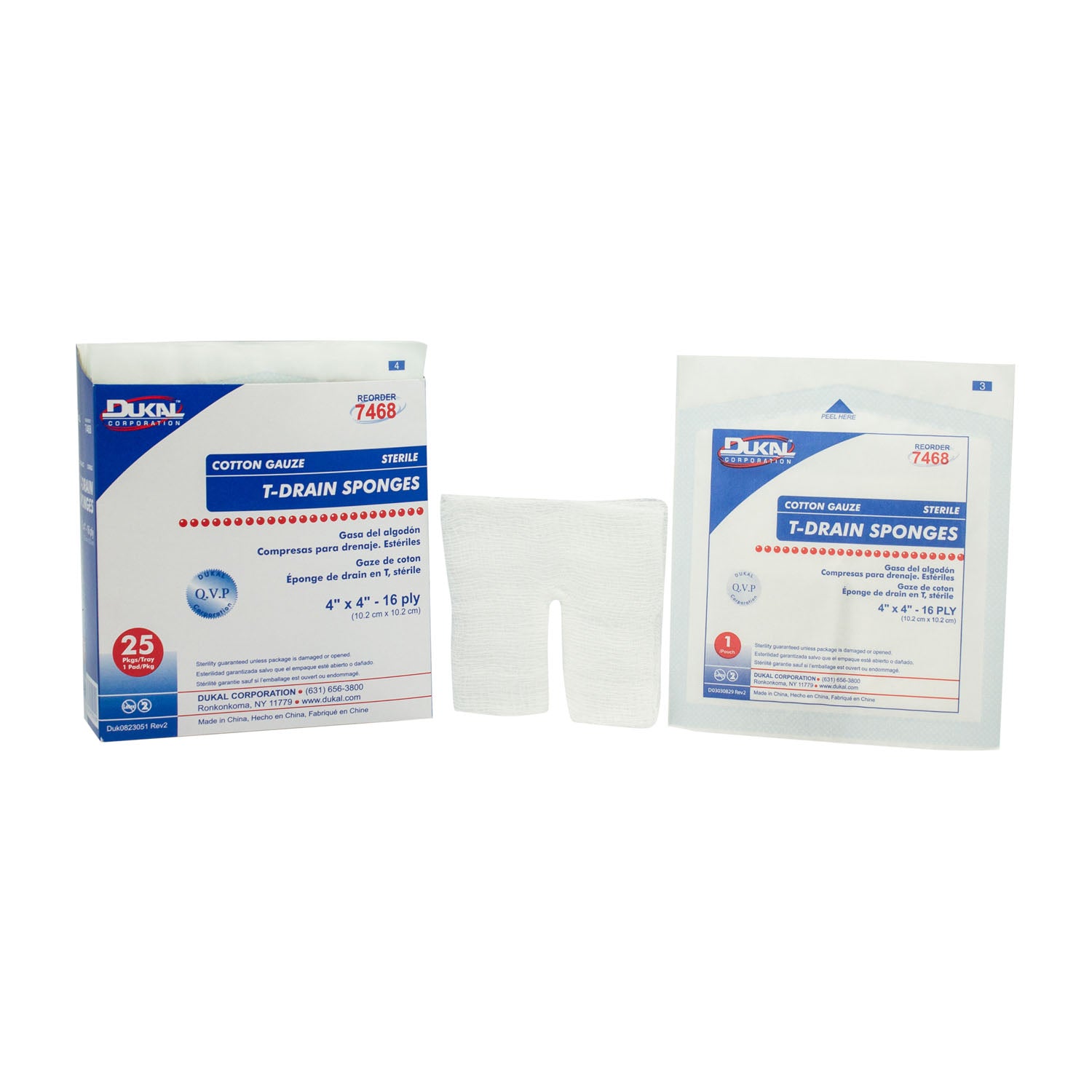 7468 - Dukal Corporation - Esponja para drenaje en T, 4" x 4" estéril, 16 capas, 1/paquete, 25/bandeja, 12 bandejas/caja, caja
