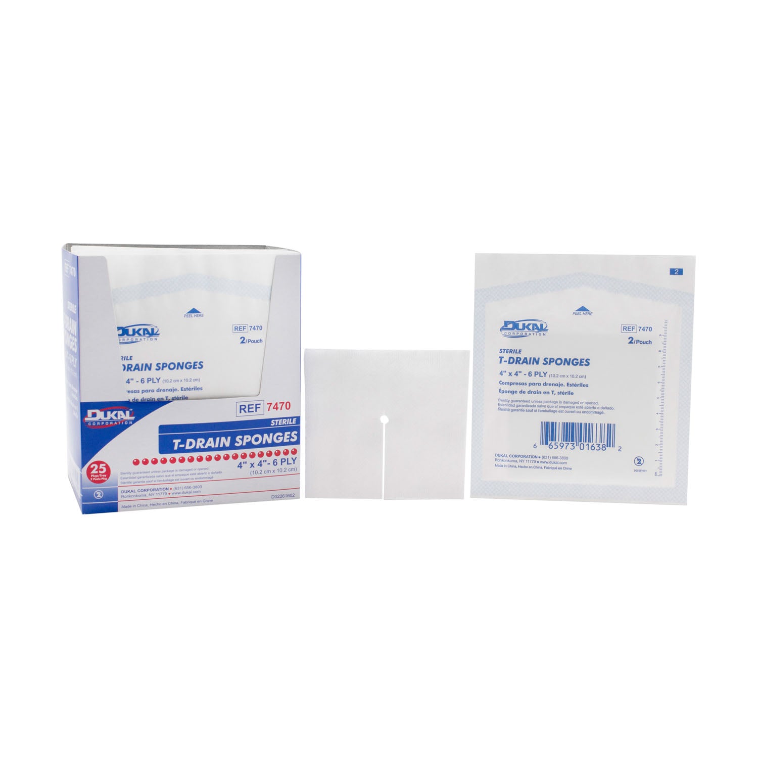 7470 - Dukal Corporation - T-Drain Sponge, 4" x 4", 6-Ply, Sterile, 2/pk, 25 pk/bx, 12 bx/cs (54 cs/plt) , cs