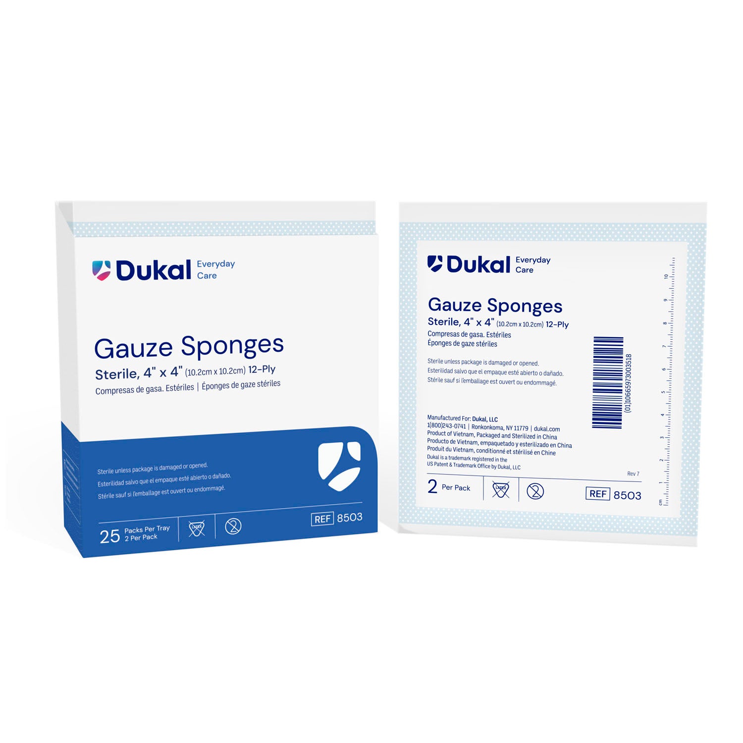 8503 - Dukal Corporation - Esponja de gasa, 4" x 4", estéril, 12 capas, 2/paquete, 25 paquetes/caja, 24 cajas/caja (40 cajas/plt), caja